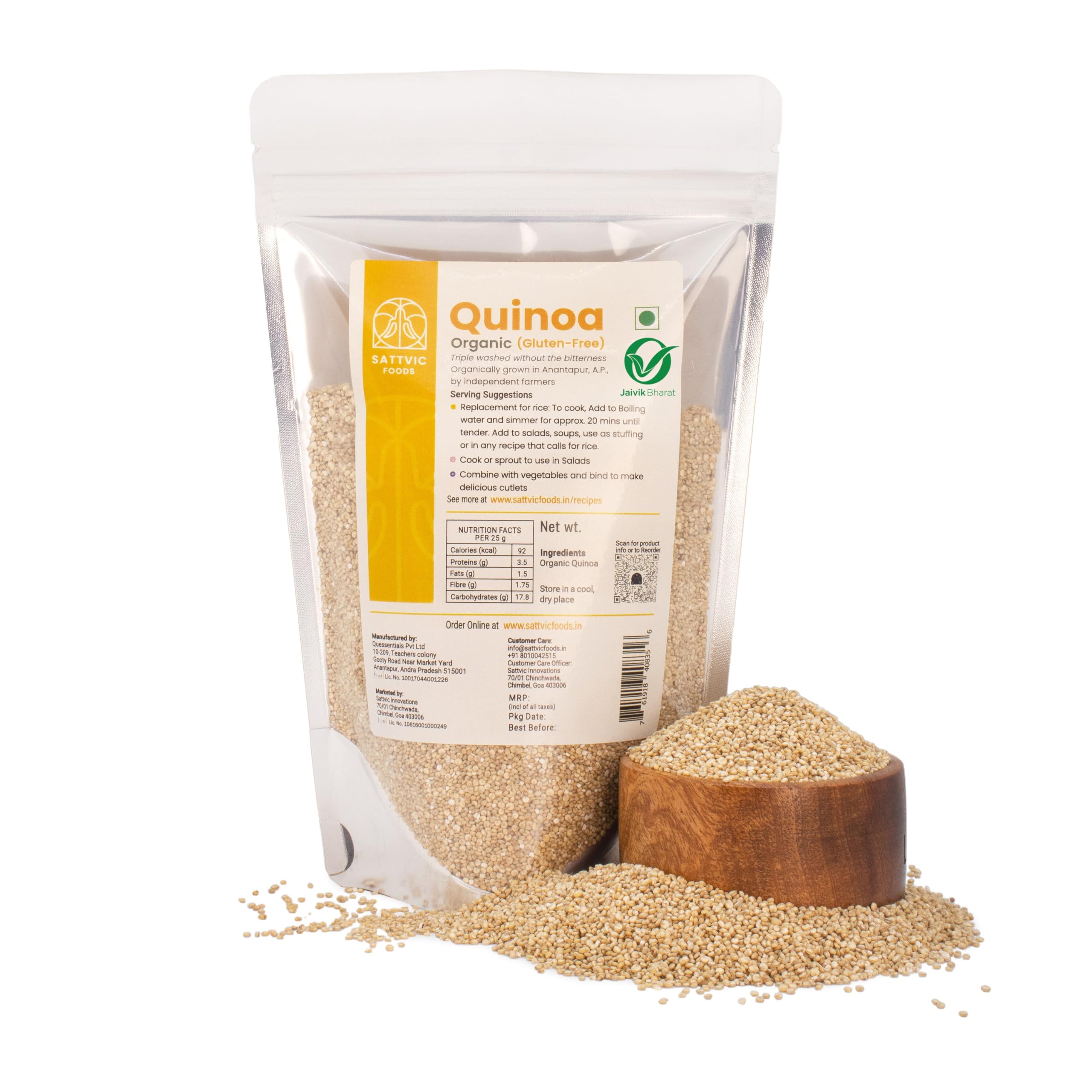 Sattvic Foods Quinoa (1.1 kg) | Certified Organic & Triple-Washed | Superfood - Gluten Free, Complete Protein, Fibre-Rich, Diabetic-Friendly Grain | Replace for Rice, Add to Salads & Soups