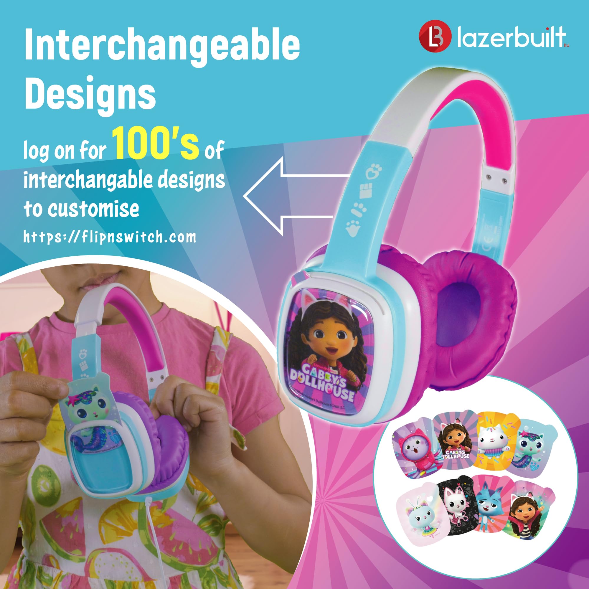 Gabbys - Cuffie per bambini Flip'n'Switch con cavo e 8 schede dal design divertente intercambiabili, morbidi e comodi padiglioni imbottiti e archetto regolabile.
