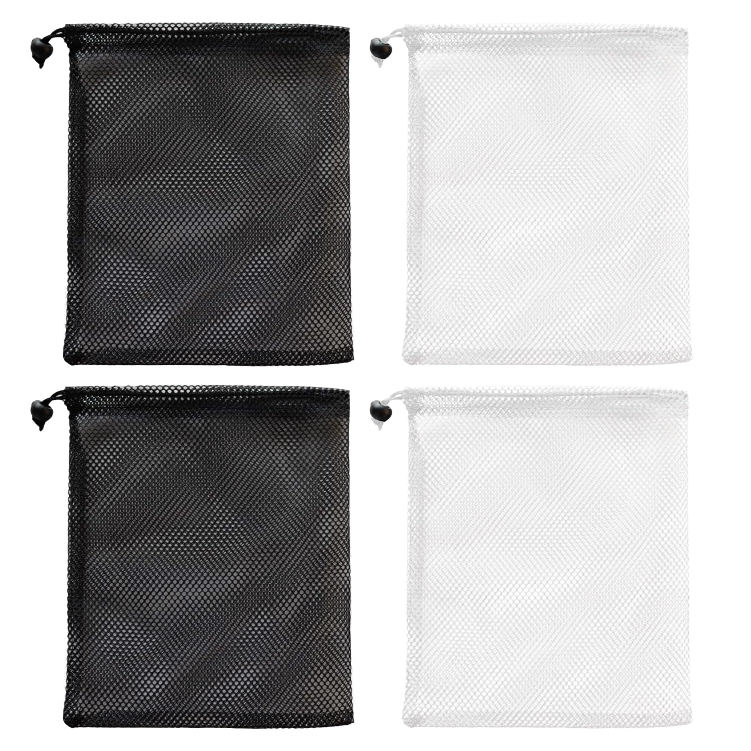 SYEYCW 4 Pcs Mesh Bags Drawstring, Large Net Beach Tote Bag, Black White Drawstring Mesh Stuff Sack, 35 x 40 cm Multi Functional Storage Bag, for Sport Swimming Beach Travel Gym Camping and Training