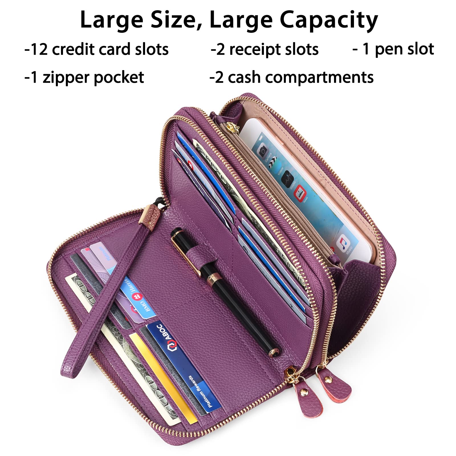 SENDEFN Leather Women Wallet RFID Blocking Zipper Around Phone Holder Clutch Wristlet Large Capacity