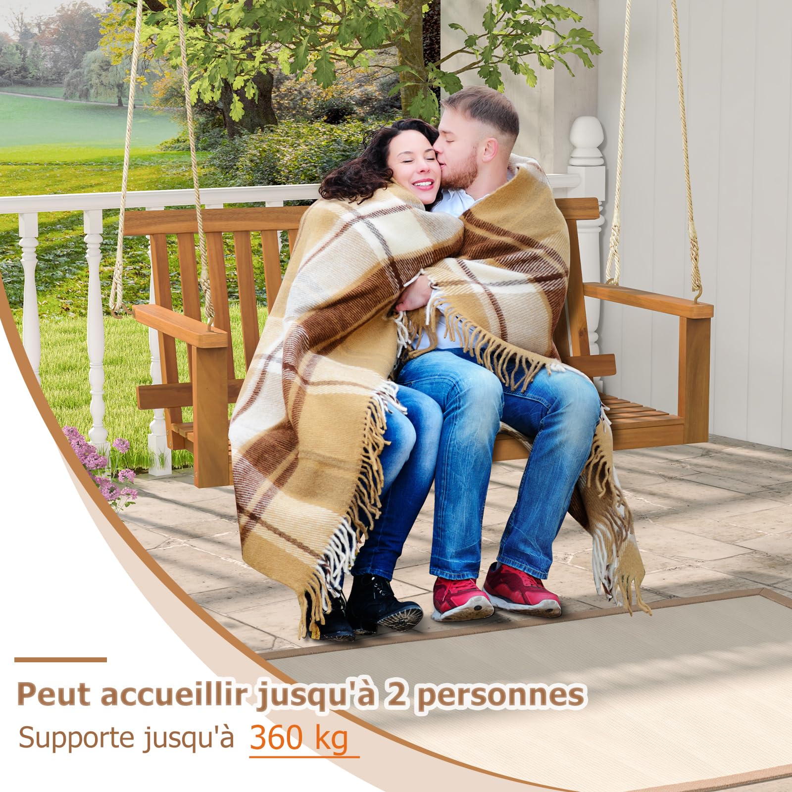 GOPLUS - Columpio de porche de 2 plazas de madera de acacia, silla colgante para 2 personas, asiento y respaldo con lamas, capacidad 360 kg, columpio para jardín, patio, 130 x 63 x 57 cm natural