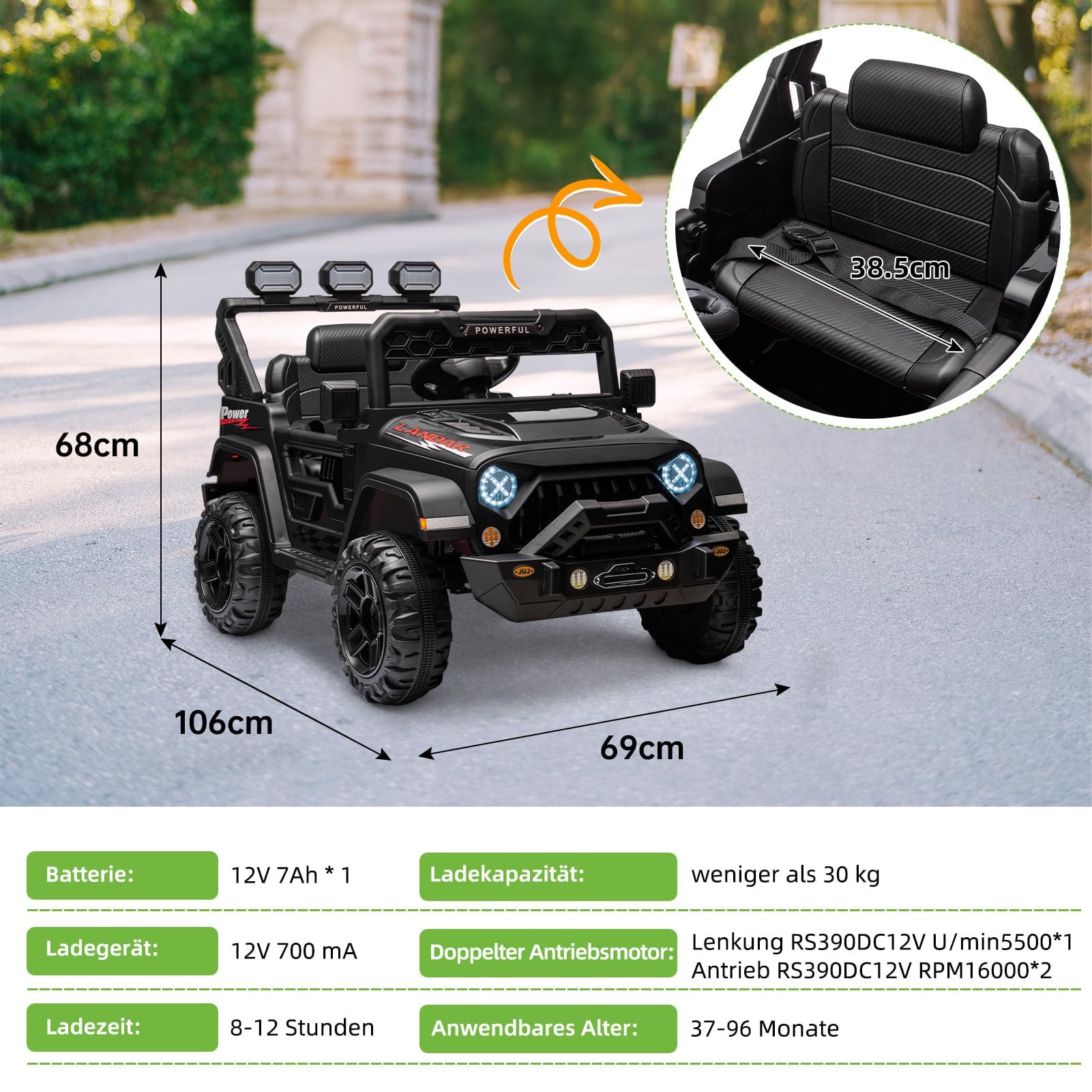 GarveeTech Sicheres Kinder Elektroauto 12V 7Ah – 3-Gang, 2,4G-Fernbedienung, LED-Lichter, Musik, Funkverbindung, Federung & Gurt – Elektrisches Kinderfahrzeug Geschenk für 1-8 Jahre – Schwarz