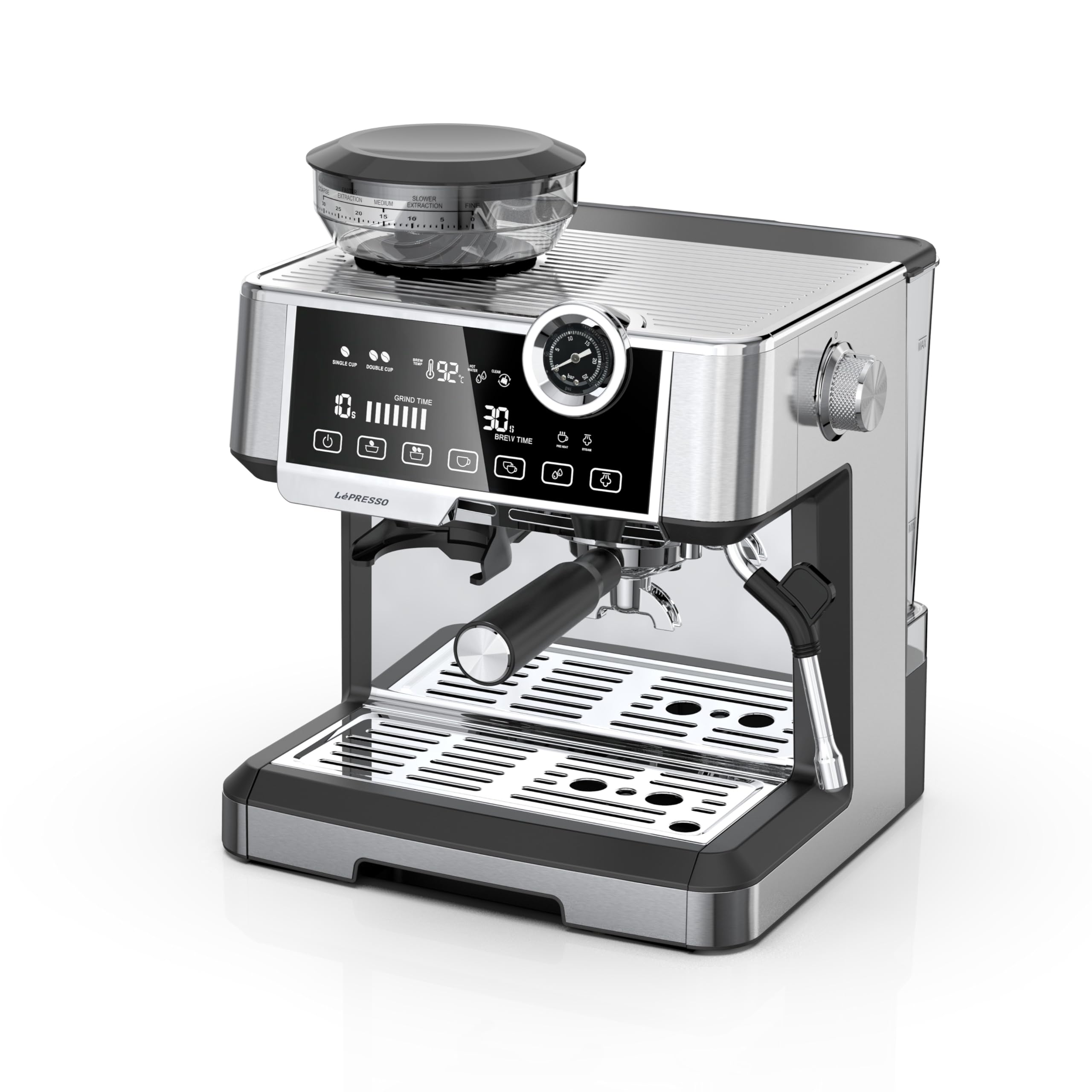 LePresso Dual Boiler Espresso Machine With Adjustable Grinder, CUP Warmer, 2300W Heating Power, 19 Bar Pump Pressure, 900W Steam Power, 110W Motor, 200g Coffee Bean Capacity - Silver