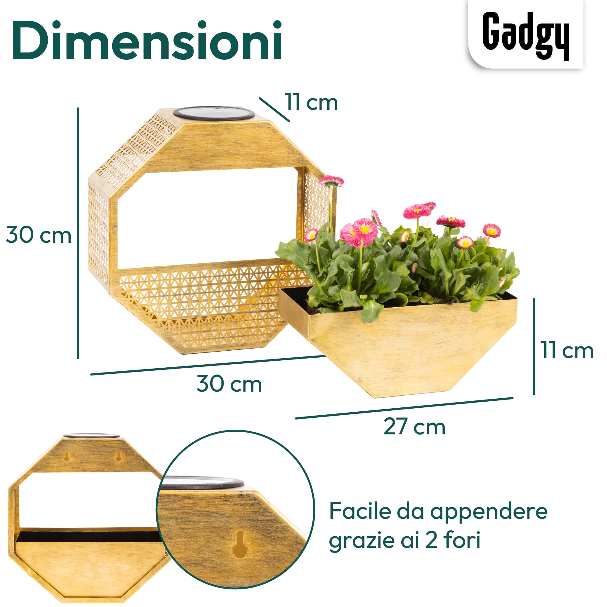 Gadgy Lampada solare da parete con vaso da fiori – Fioriera illuminata per balcone e terrazza – Illuminazione giardino resistente