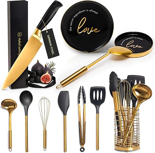 Juego de utensilios de cocina negros y dorados, paquete de 9 piezas con soporte dorado para utensilios, cuchillo de chef y soporte de cuchara de