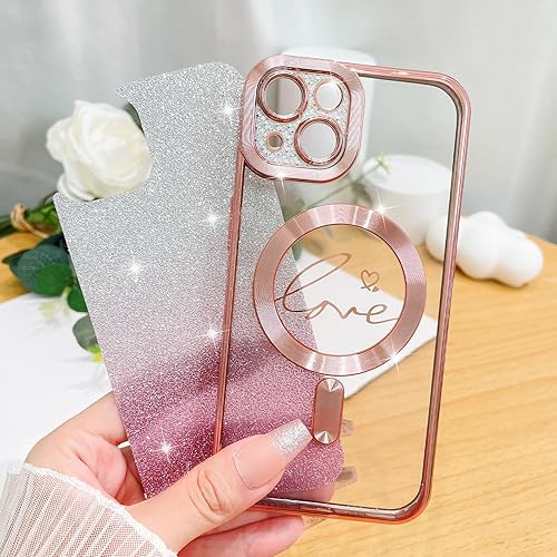 Miniatura 5 de KANGHAR Funda magnética con purpurina para iPhone 14 de 6.1 pulgadas, diseño de patrón de corazón de amor chapado transparente compatible con carga