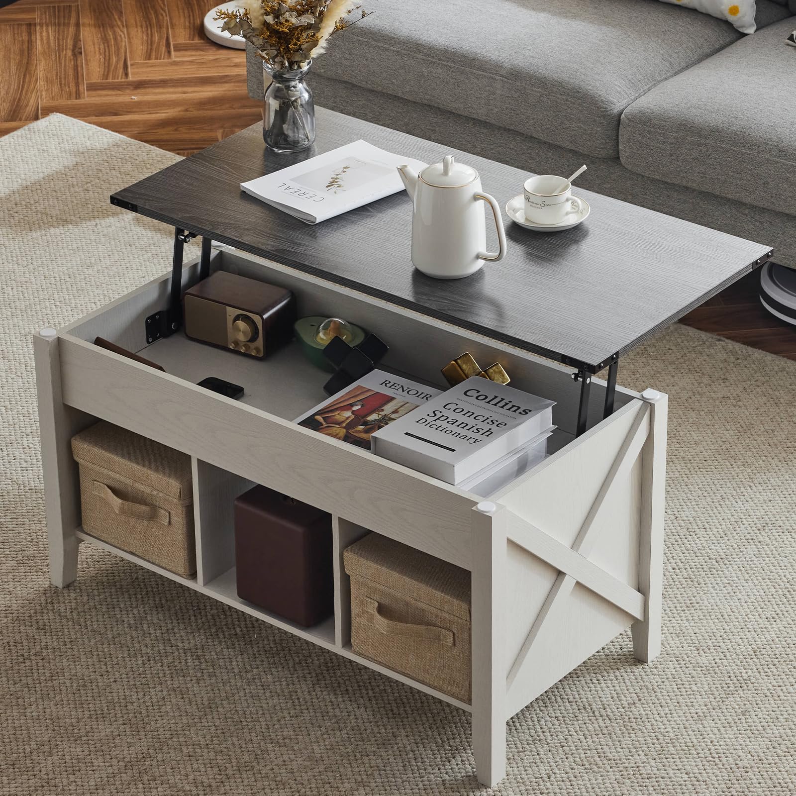VINGLI Lift Top Coffee Table, Charcoal Top with White Frame, Farmhouse Cross-Sided Design, with Storage Shelf/Hidden Compartment, Gas Lift Mesa De Centro para Sala Pop Up Coffee Table