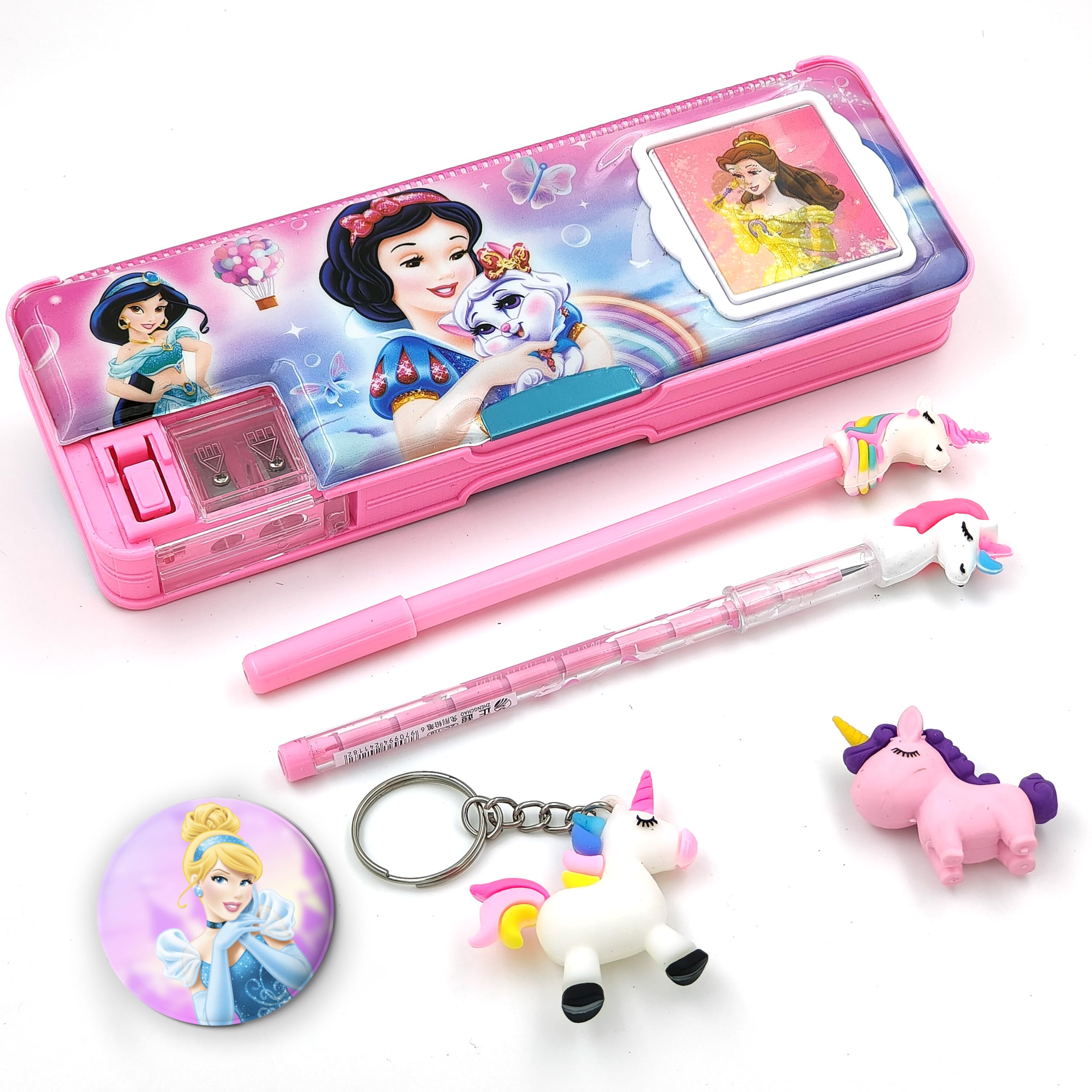 ZAYDANIC Pencil Box Integrated Sharpener and Calculator, Magnetic Lock, Dual Compartments, Cartoon Stationery Case School Kit for Girls, Kids, Students Combo Set of 5in1 (Princess's)-picture-10