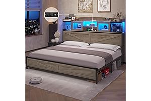 Farmhouse Platform King Bed Frame with LED Lights and Storage Headboard