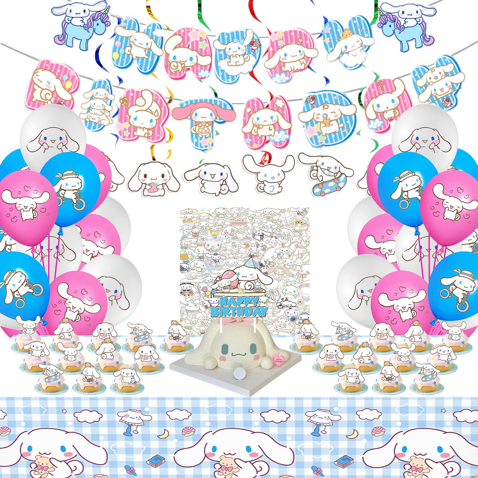 NlsqUK 104 Pcs Party Decorations, Birthday Decorations Including Cake Topper Banner Balloons Hanging Swirls Tablecloth Stickers for Parties Activities
