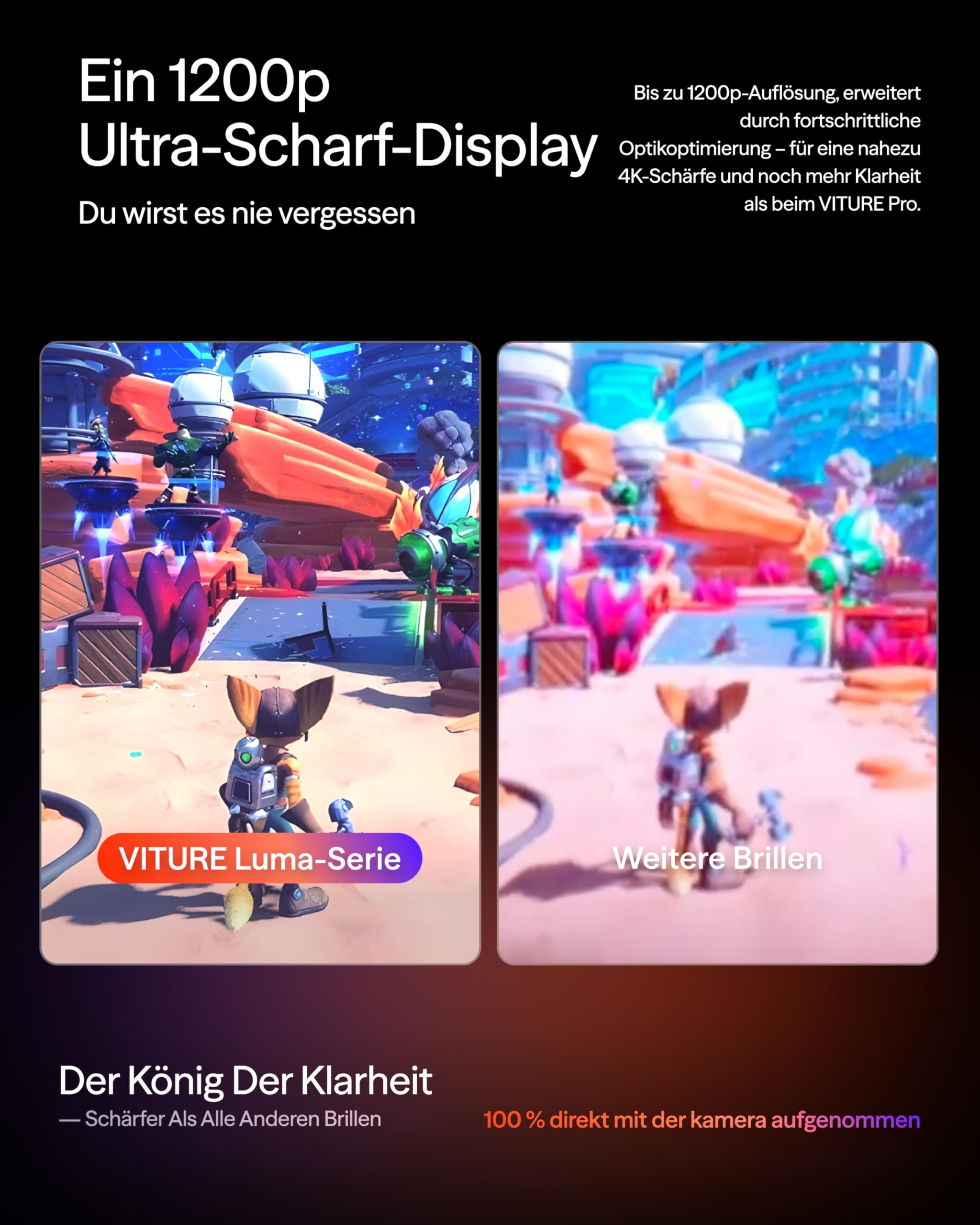 VITURE Luma AR/XR Brille – 146" 1200p Ultra-Scharf-Display, 50° Sichtfeld, 3Dof, Elektrochromer Film, Adaptive Abdunklung, AR Brille für iPhone 17/16/15, Android, Mac, PC, Steam Deck, Switch, Switch 2