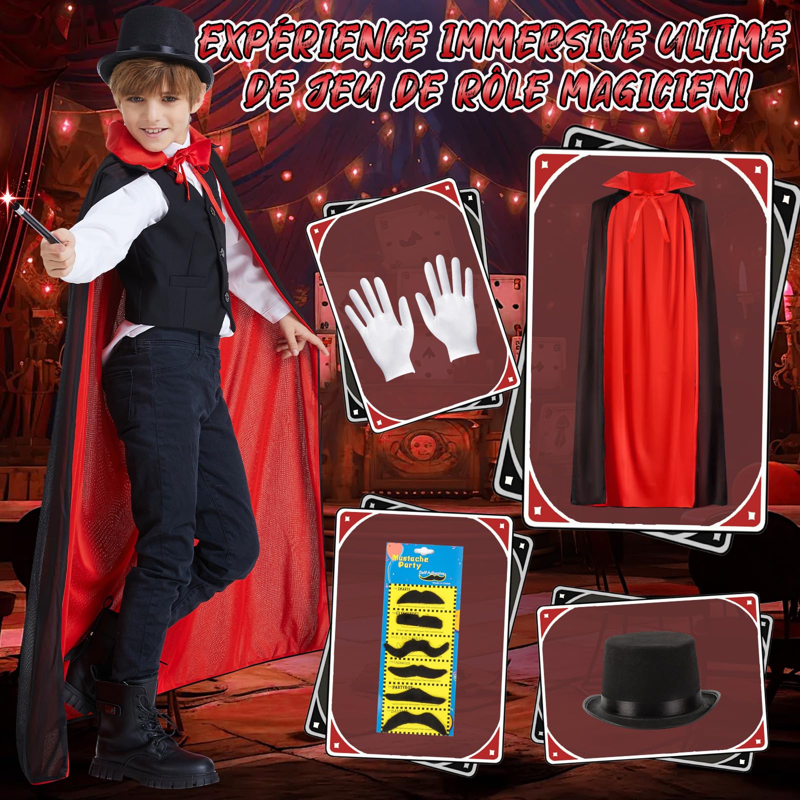 BuzzoXerex Kit de Magie, Coffret Magie Enfant avec Déguisement Magicien Enfant, Accessoires de Magicien et Instructions, Tour de Magie Enfant 6 7 8 9 10 11 12 Ans pour Garçons et Filles Carnaval