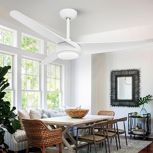 White Modern Ceiling Fan with Light, 52 Inch Ceiling Fan, 3 Blades, Dimmable LED Memory Function, Silent Reversible DC Motor, Indoor Fan Lights for