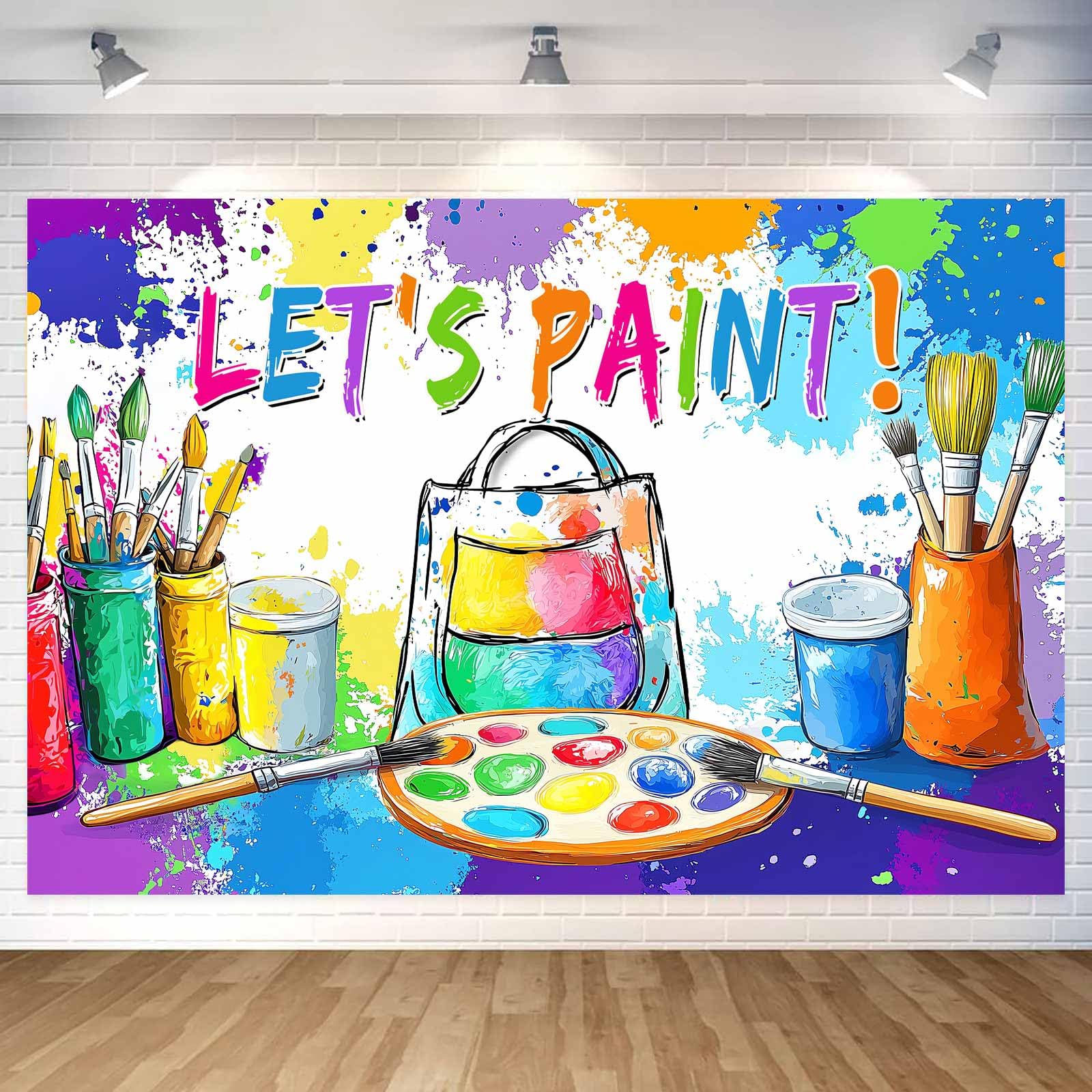 Let's Paint Party Backdrop for Kids, Art Paint Birthday Party Decorations Photography Background Watercolor Colorful Graffiti for Mess Art Painting