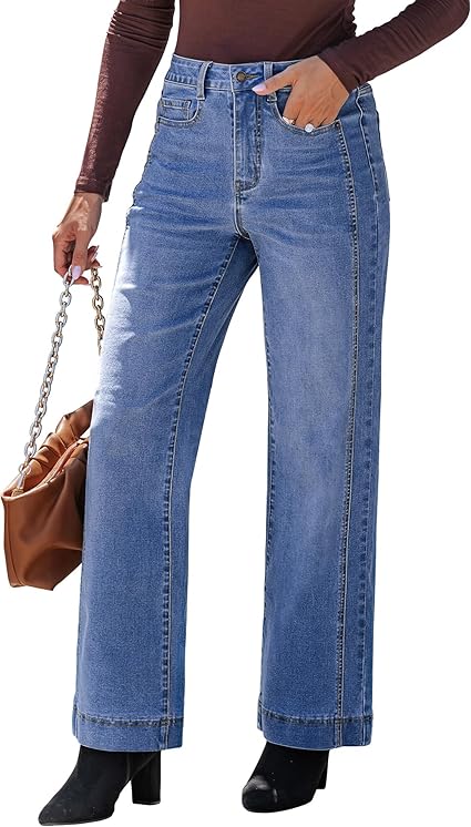 luvamia Wide Leg Jeans for Women Trendy High Waisted Double Side Seams Stretchy Denim Pants Trouser Jeans with Pockets