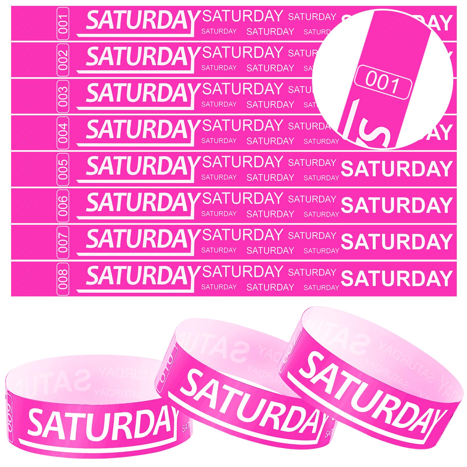 Henoyso 600 Pcs Saturday Paper Wristbands Event Admission Paper Bracelets Numbered Waterproof Party Armbands for Events Day of The Week(Rose Red)