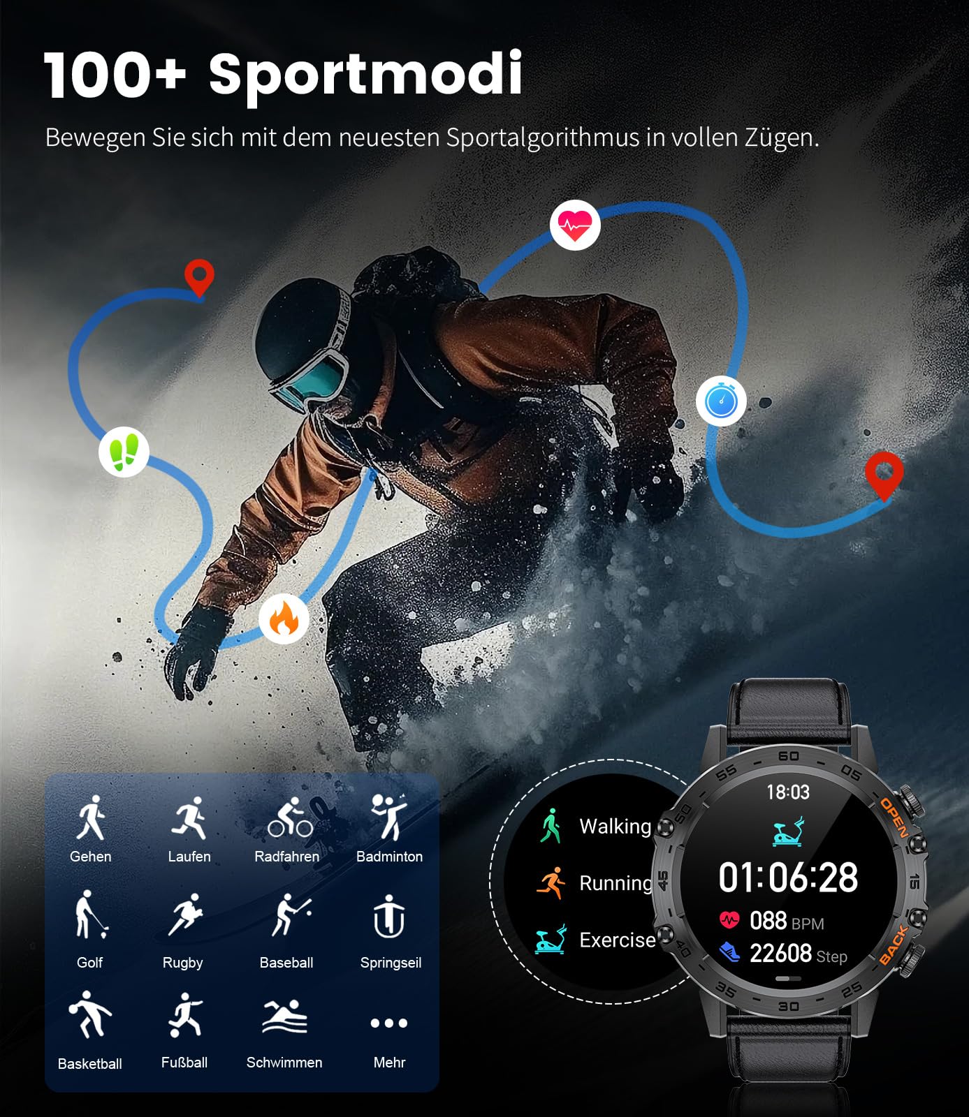 LIGE Smartwatch Uomo con 3 Cinturini, 1,39" Orologio Smartwatch Militare con Chiamate, 123 Modalità Sportive, 400mAh IP68 Impermeabile Smartwatch con SpO2/Cardiofrequenzimetro per Android iOS, Grigio