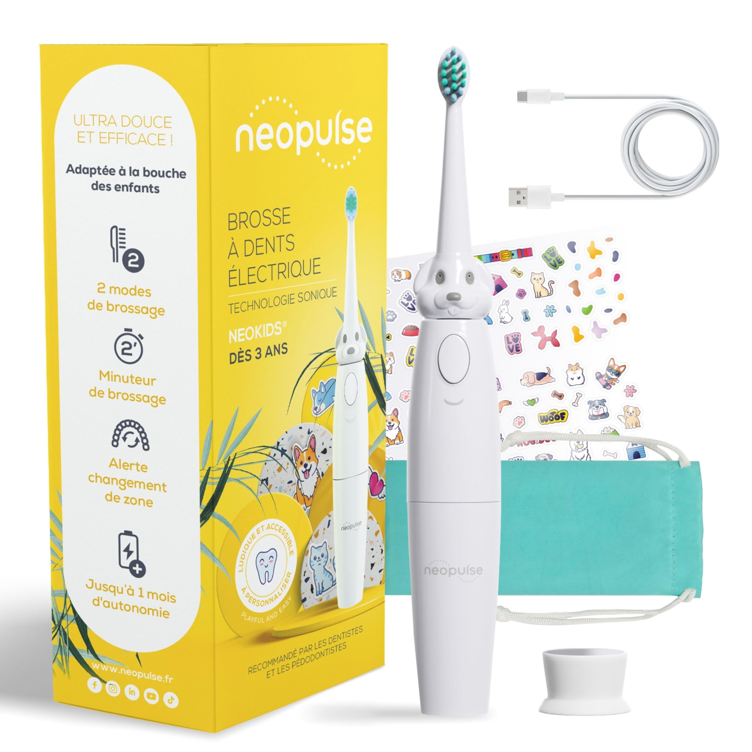 NEOPULSE NEOKIDS® Elektrische Kinderzahnbürste – Schallzahnbürste für Kinder ab 3 Jahren – ultraweiche Borsten – 2 Modi – 2-Minuten-Timer mit 30-Sekunden-Intervall – 1 Monat Akku – inkl. 50 Sticker