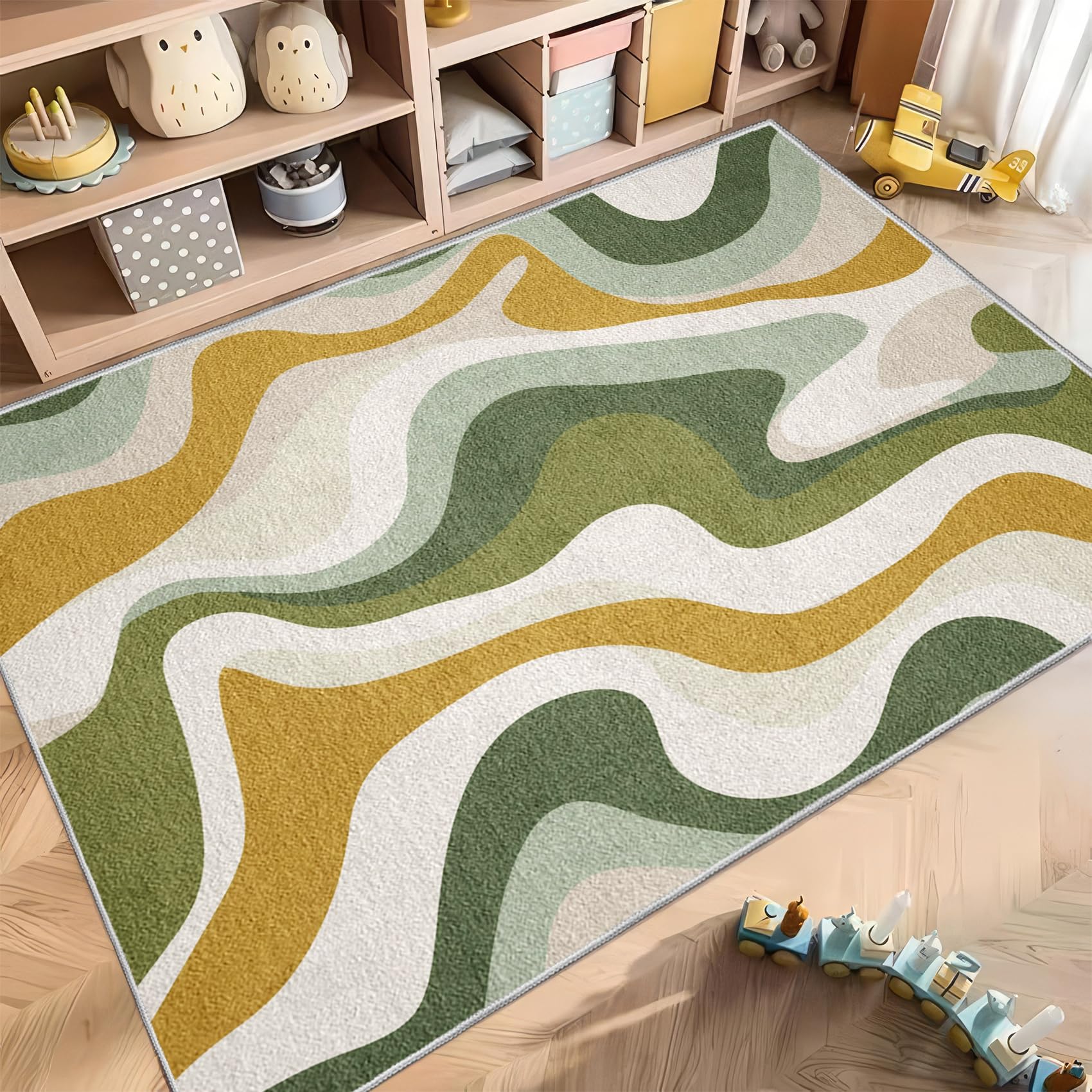 Générique Tapis Salon Vintage 70s Abstrait 140x200 cm, Vague Groovy Retro Tapis Chambre Antidérapant, Jaune Moutarde Vert Sauge Tapis à Poils Ras Lavable pour Bureau Salle à Manger Cuisine R1J192t
