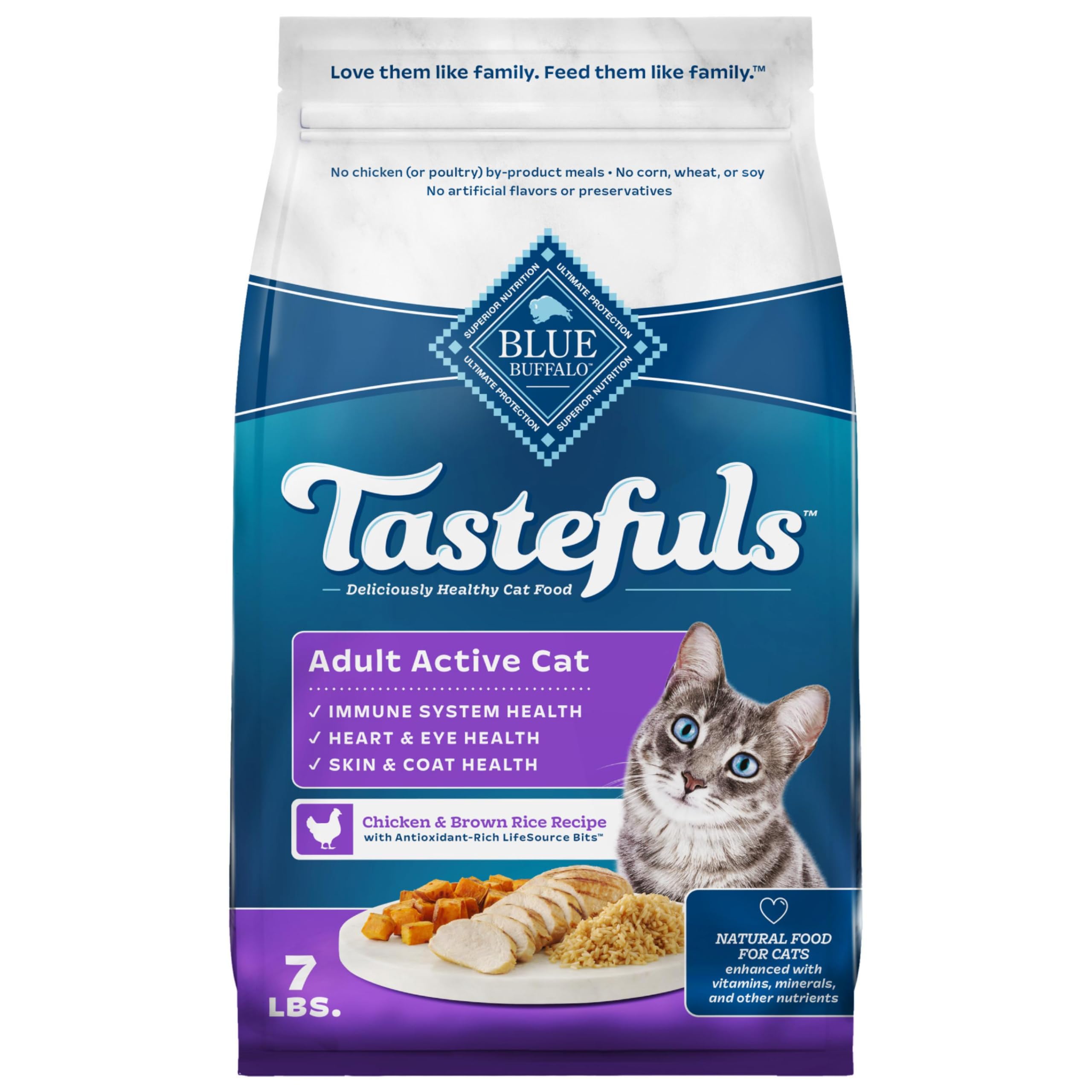 Blue Buffalo Tastefuls Natural Dry Food for Active Adult Cats, Chicken and Brown Rice Recipe, 7-lb. Bag