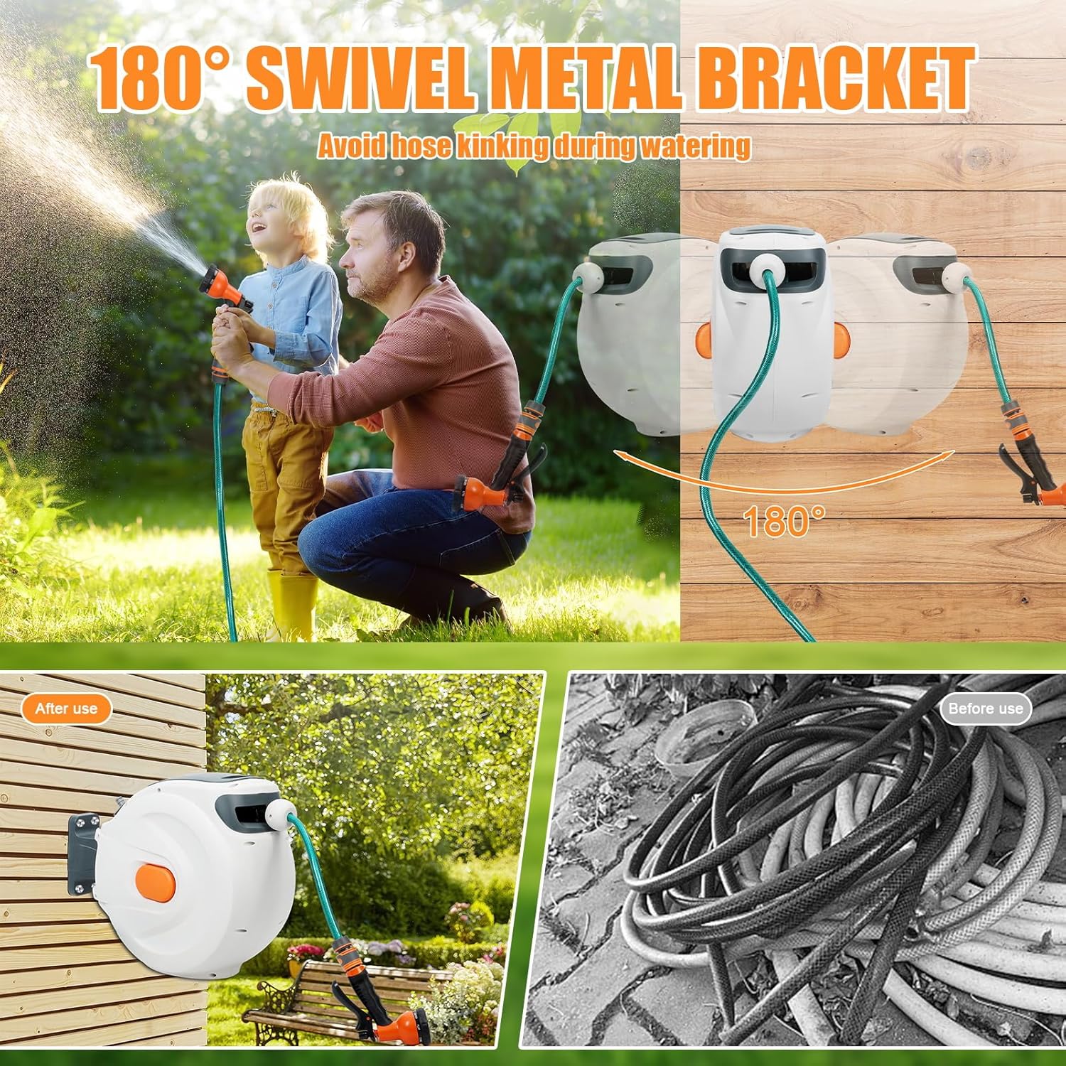 Retractable Garden Hose Reel 100ft - Wall Mounted Heavy Duty Hose Reel with 6 Pattern Nozzle - Auto Rewind System, Any Length Lock, 180° Swivel Bracket