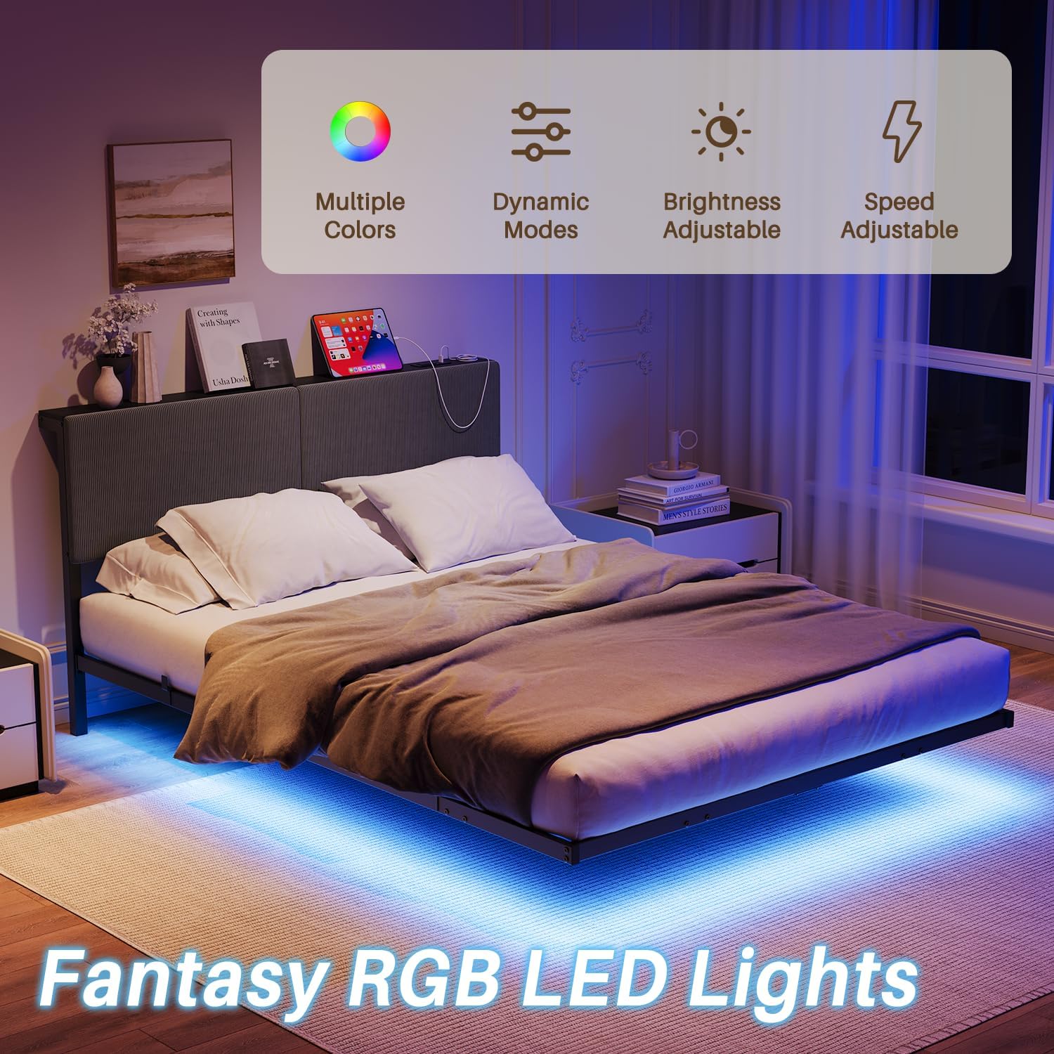 HOMERECOMMEND Floating Bed Frame Queen Size with Storage Headboard and Charging Station, Upholstered Platform Bed with LED Light, Heavy Duty Metal Slats, No Box Spring Needed,Black and Grey - Image 7