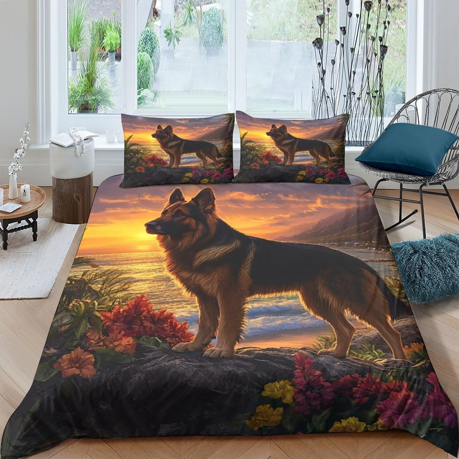 Ctjqhvkz Style-3 3D Printed Sunset German Shepherd Fitted Sheet Microfiber Soft Breathable Landscape Bed Cover For Bedroom Dorm Decor Single（135X200cm）