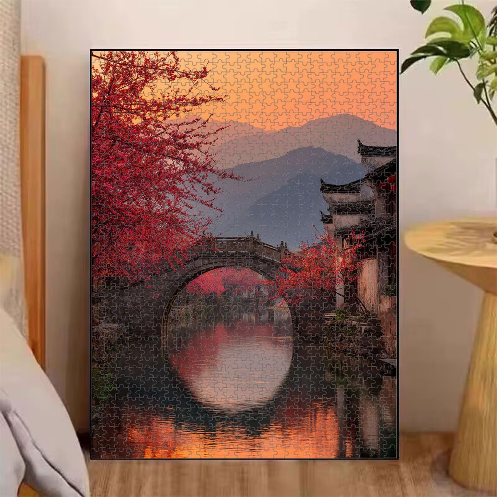 1000 elementów, puzzle dla dorosłych, most i małe miasteczko, drewniane puzzle 1T#1964