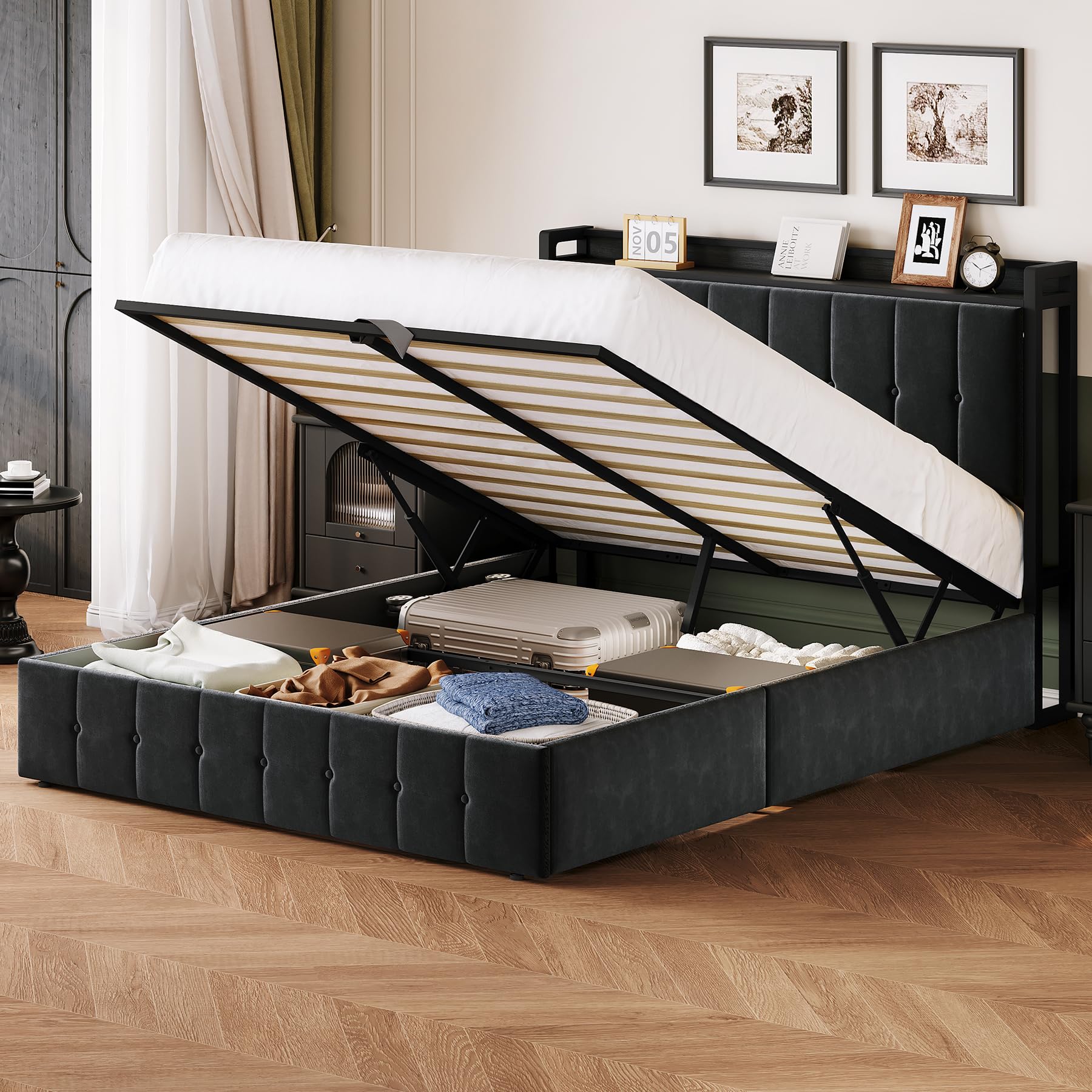 Garvee Queen Size Lift Up Storage Bed, Upholstered Velvet Bed Frame with Storage Headboard, Metal Platform Bed, No Box Spring Needed, Solid Wooden