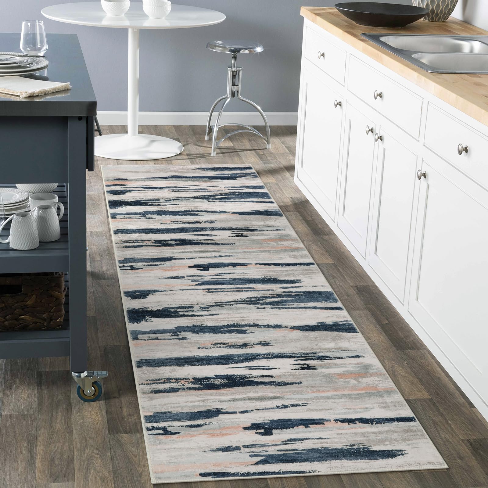 Collive Washable Runner Rug 2x6 - Blue Striped Bathroom Runner Rugs Non Slip Runners for Hallway Modern Abstract Bedroom Runner Rug Floor Carpet for Kitchen Laundry Entryway