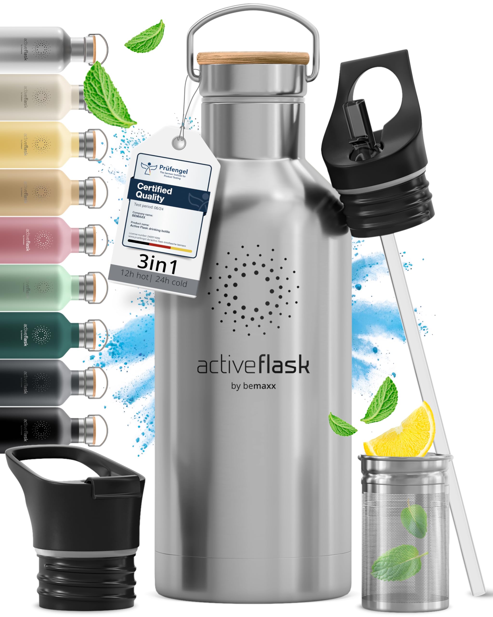Bottiglia Acqua Termica INOX ACTIVE FLASK + Cannuccia (3 Tappi), Senza BPA, 1l/500ml | Borraccia Isotermica Acciaio - Caldo/Freddo, Ufficio Outdoor Sport Bicicletta viaggio fitness, Caffe Te