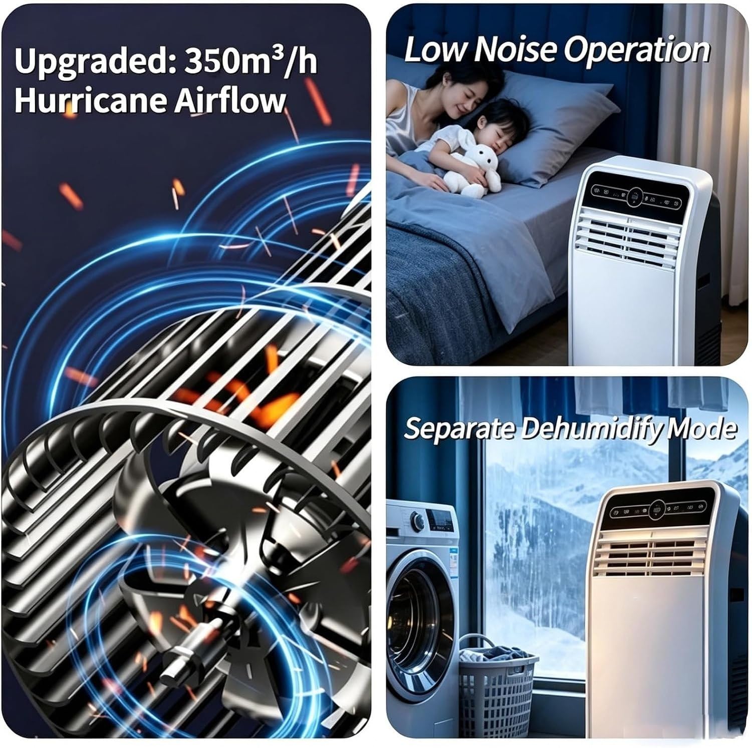 Aire Acondicionado Portátil 12000 BTU con Mando, Modos Frío Ventilación Sueño, Caudal 350m³/h, Temporizador 24H, Kit Ventana para Salón, sin Control por Voz ni