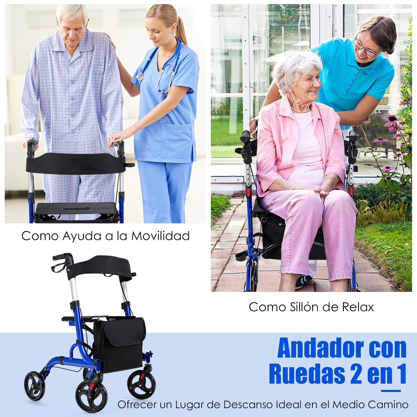COSTWAY 2 en 1 Andador para Ancianos con Asiento, Andador Rodante Plegable con Ruedas de 20 cm, Aleación de Aluminio, Manijas Ajustables, Sistema de Doble Freno, Bolsa de Almacenamiento (Azul)