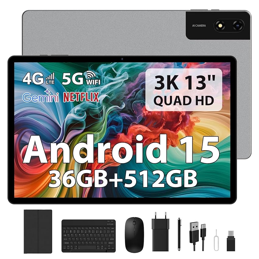 LEVIRTU Tablet 13 Pollici Android 15 con Octa-Core 2.2GHz/36GB RAM+512GB ROM(TF 2TB) Dual SIM 4G LTE+5G WiFi, 11580mAh/18W PD/2944x1840 FHD/Widevine L1/13MP/BT5.0/GPS, Con Tastiera/Mouse/Grigio
