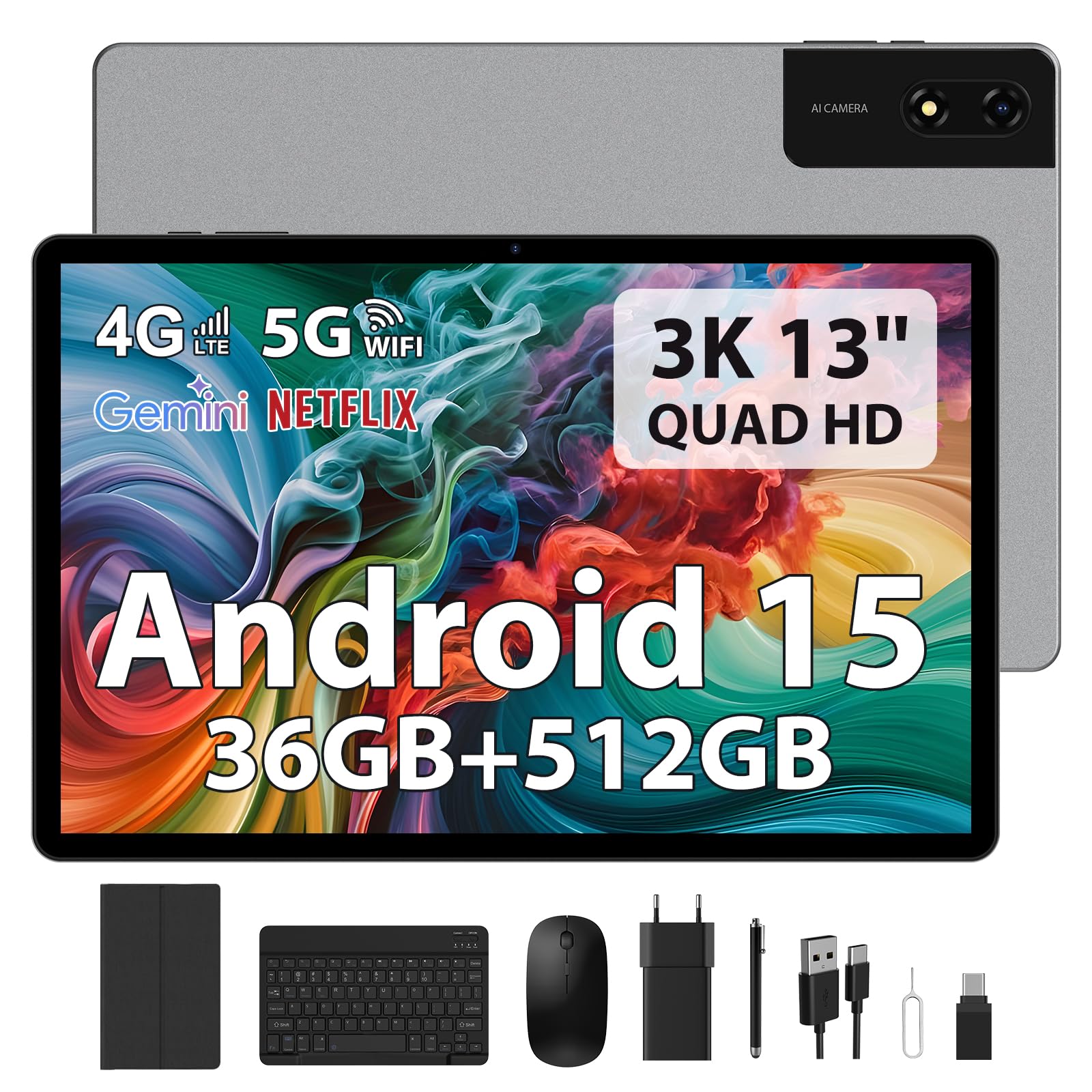 LEVIRTU Tablet 13 Pollici Android 15 con Octa-Core 2.2GHz/36GB RAM+512GB ROM(TF 2TB) Dual SIM 4G LTE+5G WiFi, 11580mAh/18W PD/2944x1840 FHD/Widevine L1/13MP/BT5.0/GPS, Con Tastiera/Mouse/Grigio