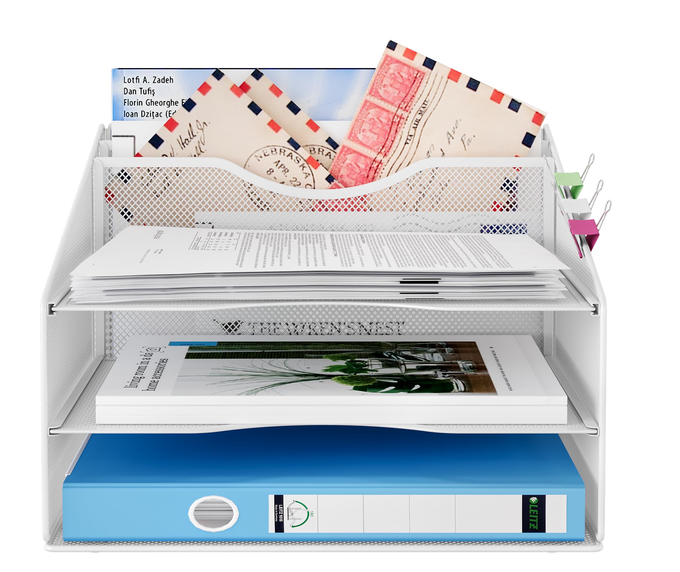 5 Compartimentos Organizador Archivador A4 Ahorra Espacio, Bandeja Documentos para Oficina y Hogar, Clasificador Papel Mantiene Orden, Metal, Blanco