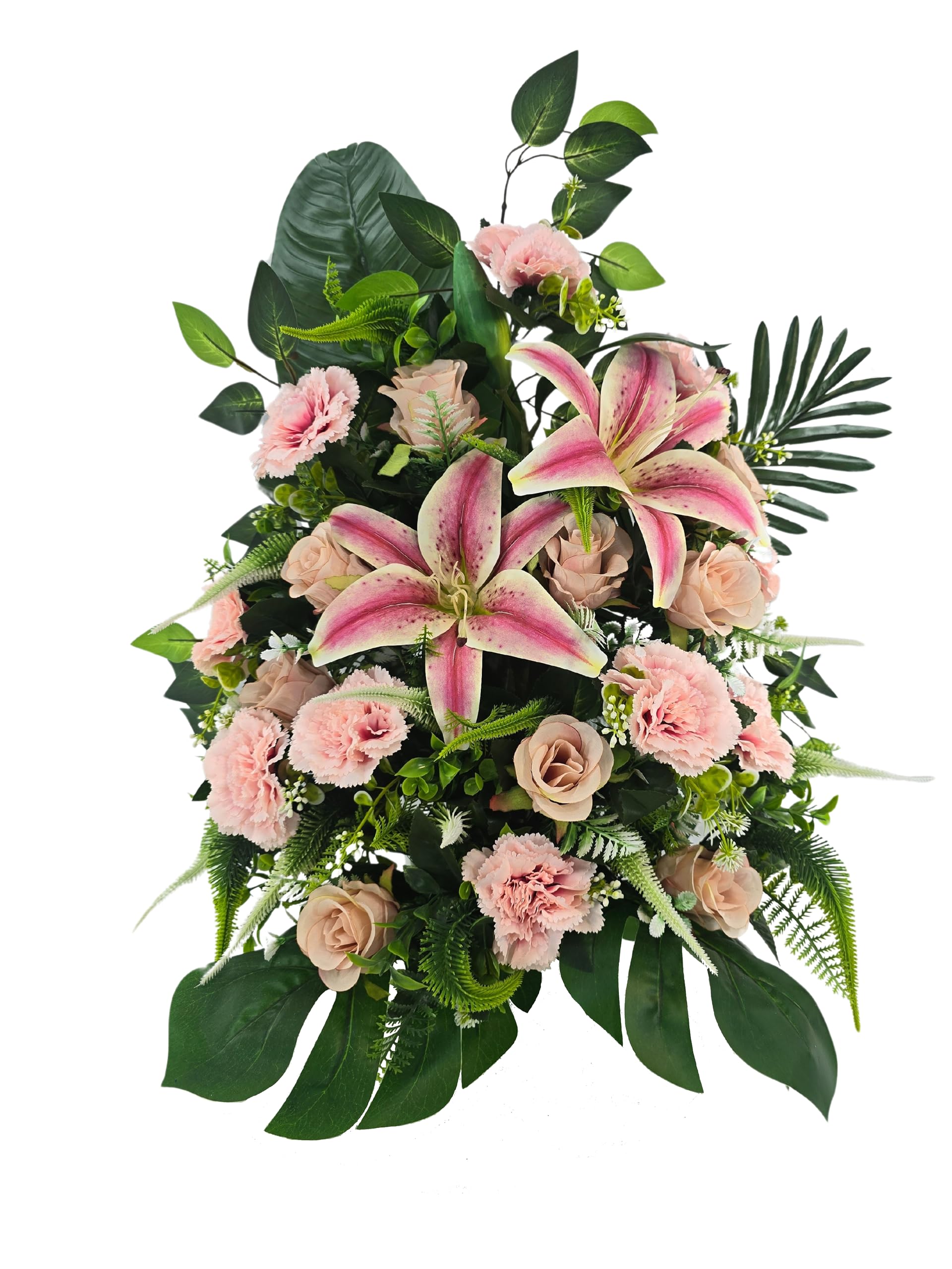 DRW Centro de Flores Artificiales Cementerio, Iglesia Bodas sepulturas Rosa Fucsia con liliums claveles y Rosas 63x30x63 cm