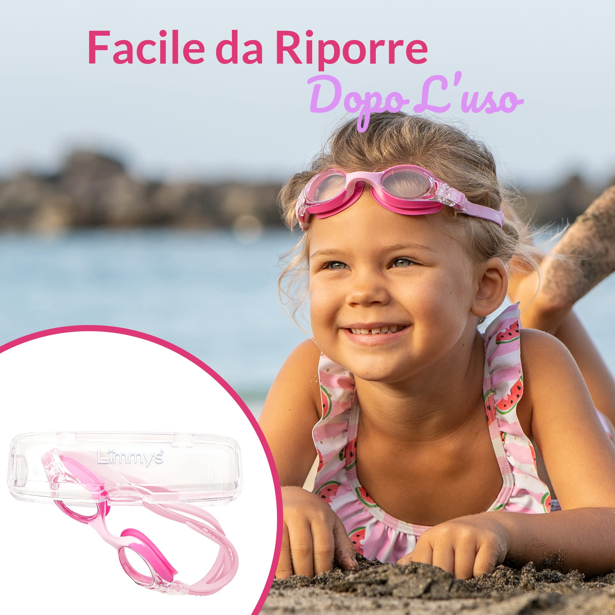 Limmys Occhialini Nuoto Unisex – Occhialini Nuoto Bambini 3 – 12 Anni – Occhialini Piscina Anti Appannamento – Occhialini Piscina Bambino Regolabili, Nasello Flessibile e Protezione UV – con Custodia