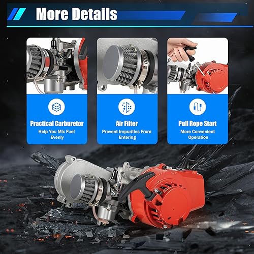 Miniatura 8 de 49cc 2 Stroke Engine Motor, Mini Air Cooled Racing Engine for Pocket Bike, Mini Dirt Bike, ATV, Scooter, Pull Start Engine with Carburetor and
