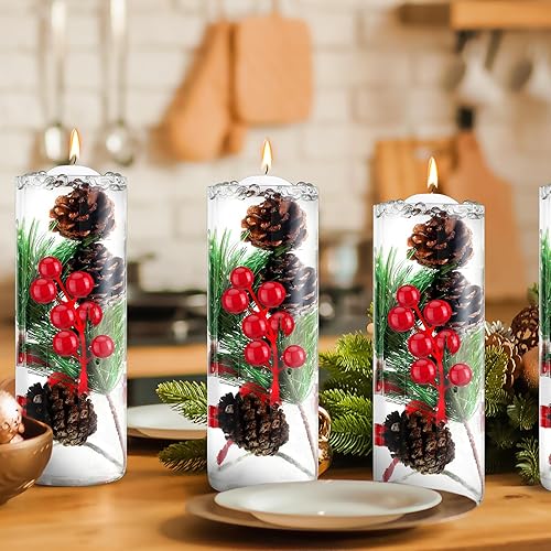 Miniatura 7 de 86 piezas de relleno de jarrón de Navidad, velas flotantes de Navidad, centro de mesa, tallos de bayas rojas sintéticas, ramas de pino, piñas,