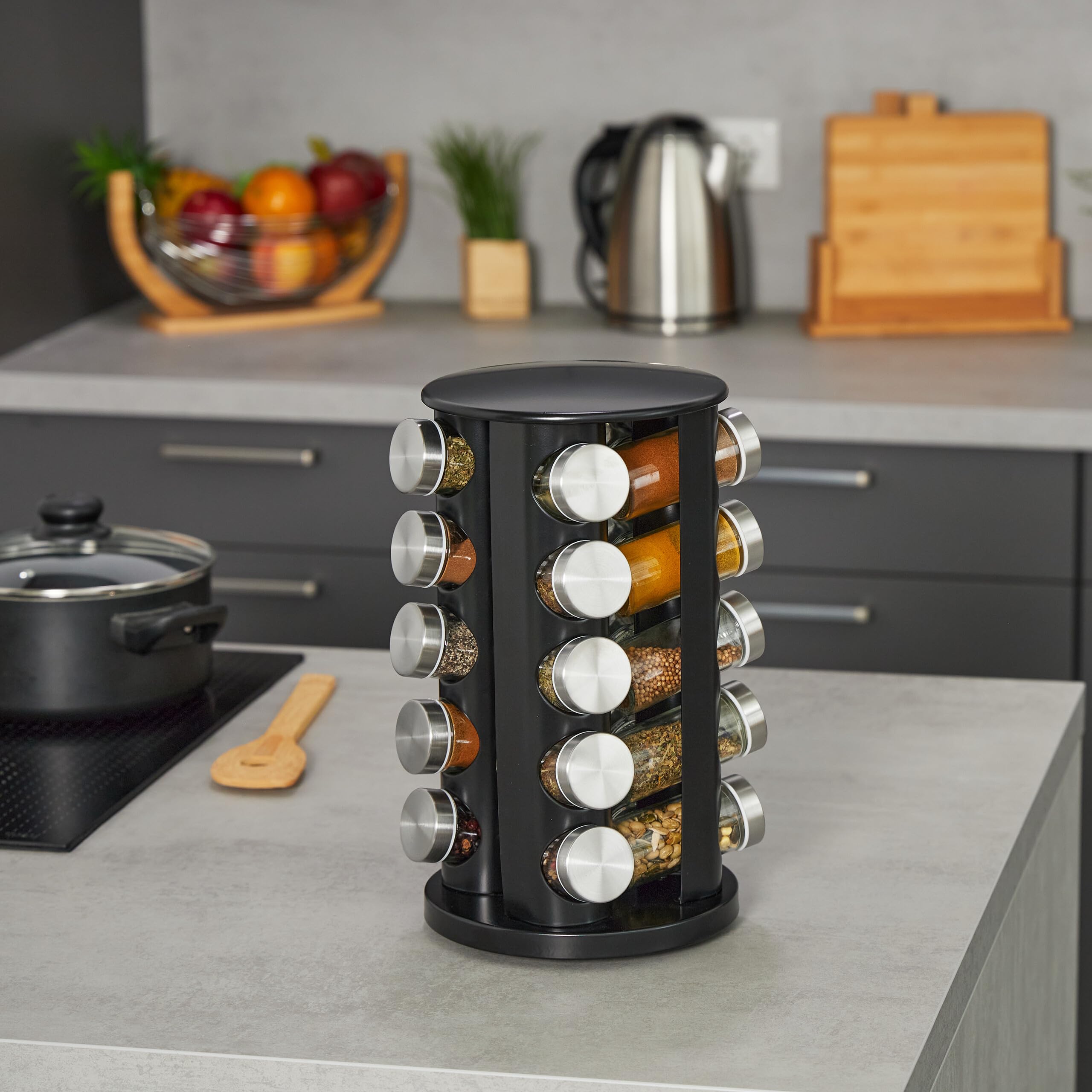 Relaxdays Portaspezie da Cucina, 20 Barattoli Spezie, 80 ml, Girevole a 360°, in Acciaio Inox e Vetro, 34,5x22 cm, Nero