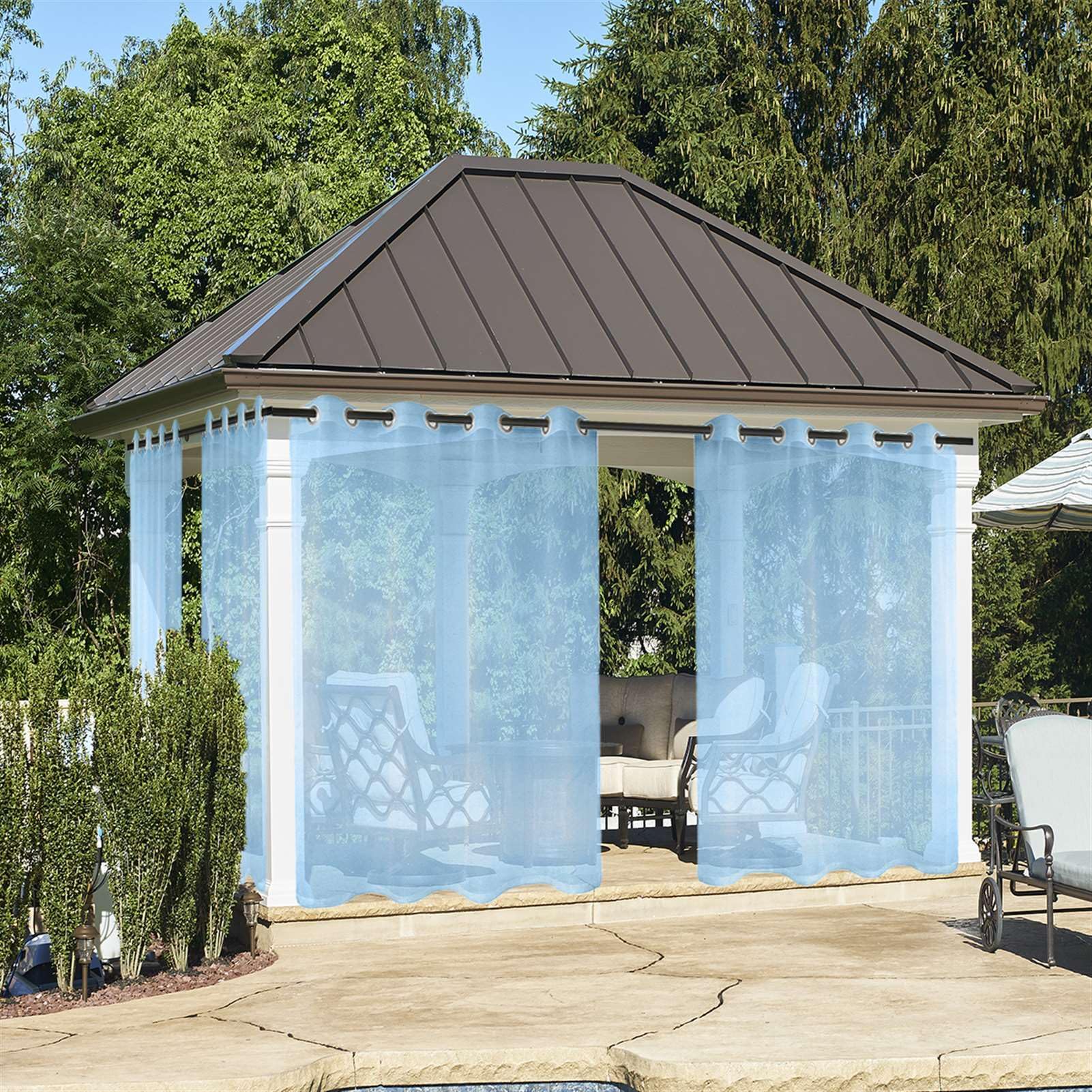 Wasserdicht Outdoor Gardinen-Set 2 Stücke Transparent Voile mit Ösen Sonnenschutz und Sichtschutz für Garten Balkon Pavillon Blau 244x254cm(HxB)