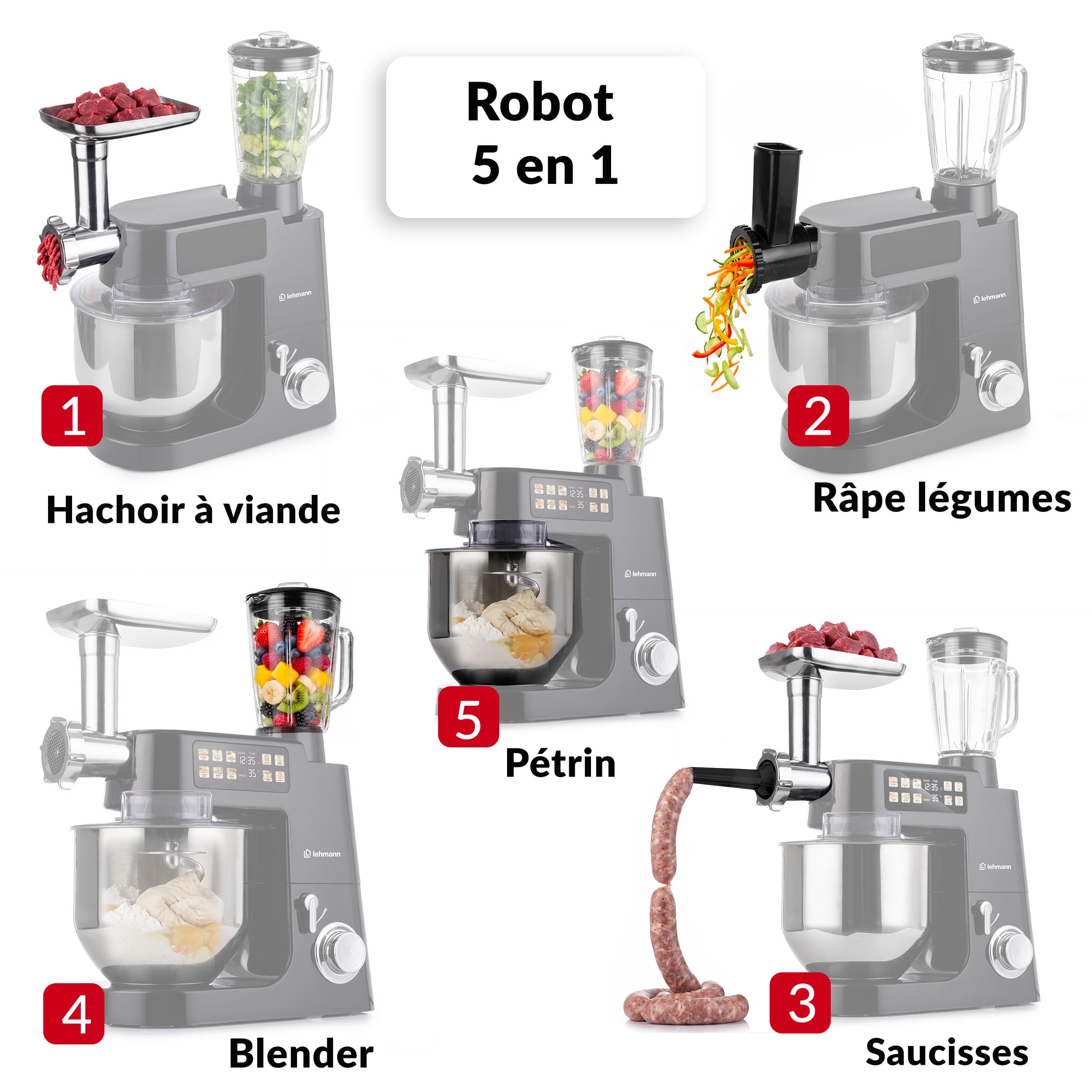 LEHMANN Teyles Robot Pâtissier Professionnel Multifonction 2100W 8L avec Balance Intégrée et Bol Chauffant, Pétrin à Pain et Pizza, Blender Verre 1,5L, Hachoir à Viande, Noir
