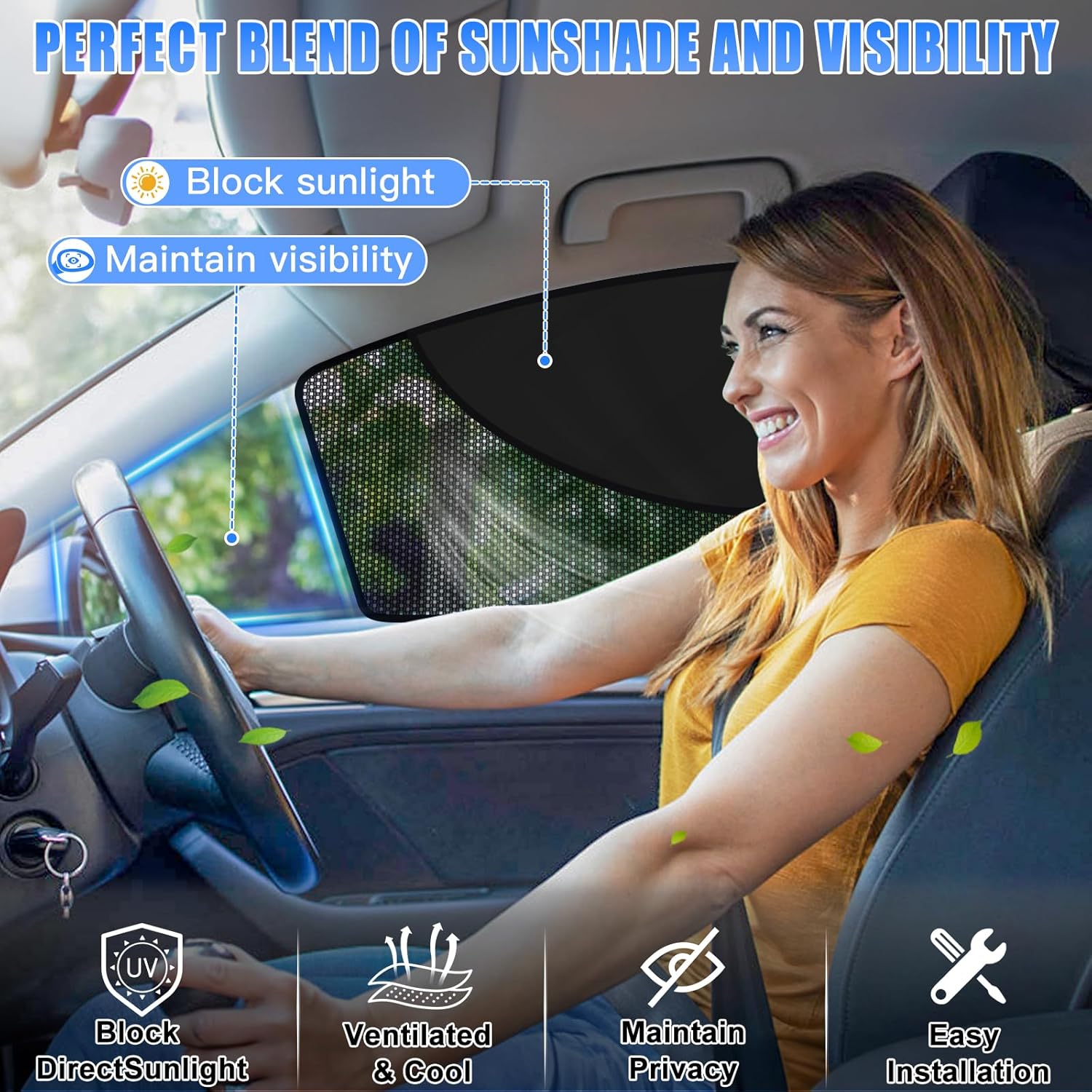 ZATOOTO Car Window Shades Front Window Sun Shade Half Blackout & Half See-Through Car Window Cover for Driver Side Privacy and Visible in One Magnetic Universal for Most Cars for Camp, Travel, Nap