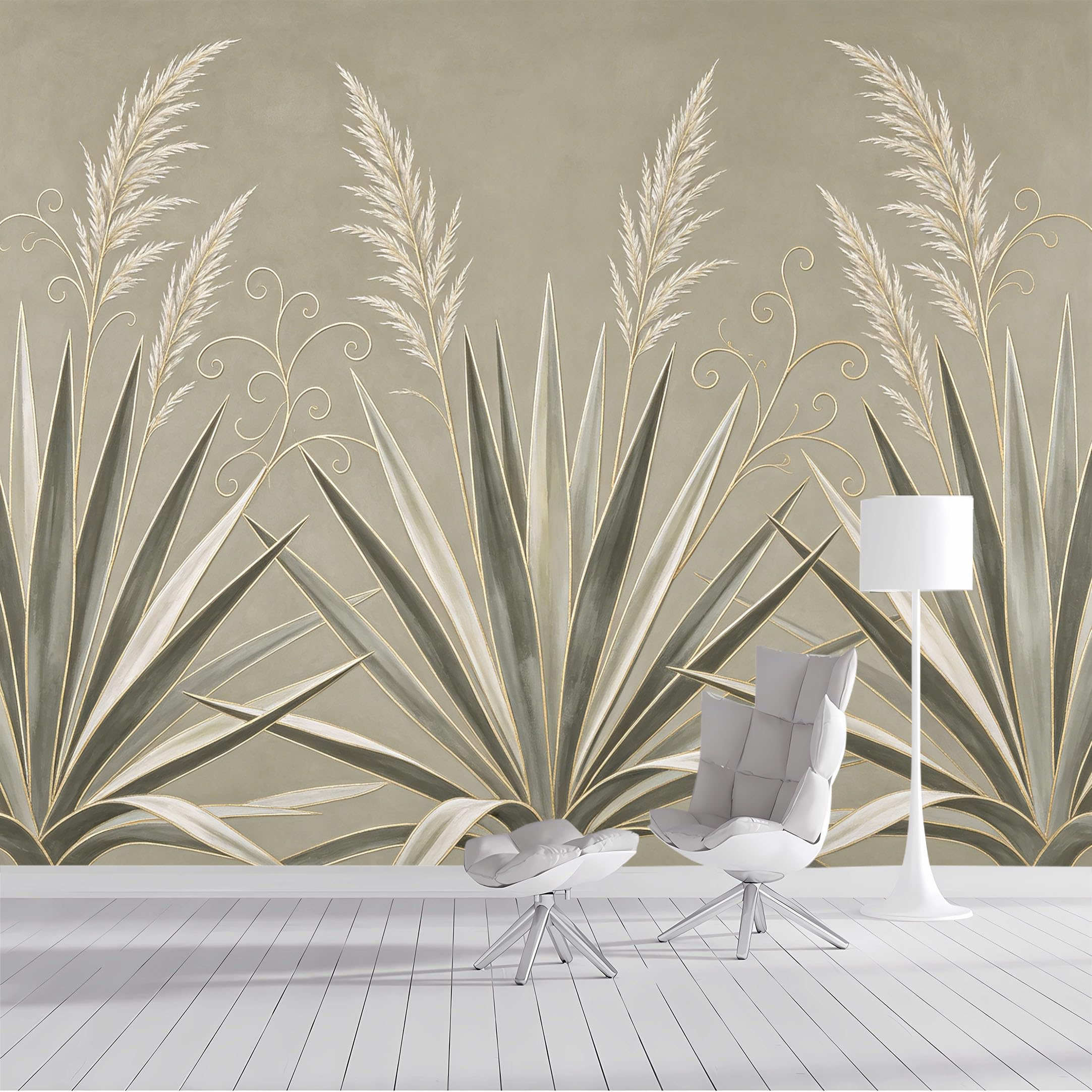 Custom Size Wall Mural Botanical Pampas Grass Gold Swirls Abstract Landscape SelfAdhesive Wall Fabric Removable Peel and Stick Wallpaper Wall Decor for Living Room Bedroom Bathroom
