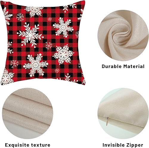 Miniatura 7 de AGAYNA Juego de 2 fundas de almohada de Feliz Navidad de 20 x 20 pulgadas, diseño de búfalo rojo y negro a cuadros, fundas de cojín decorativas para