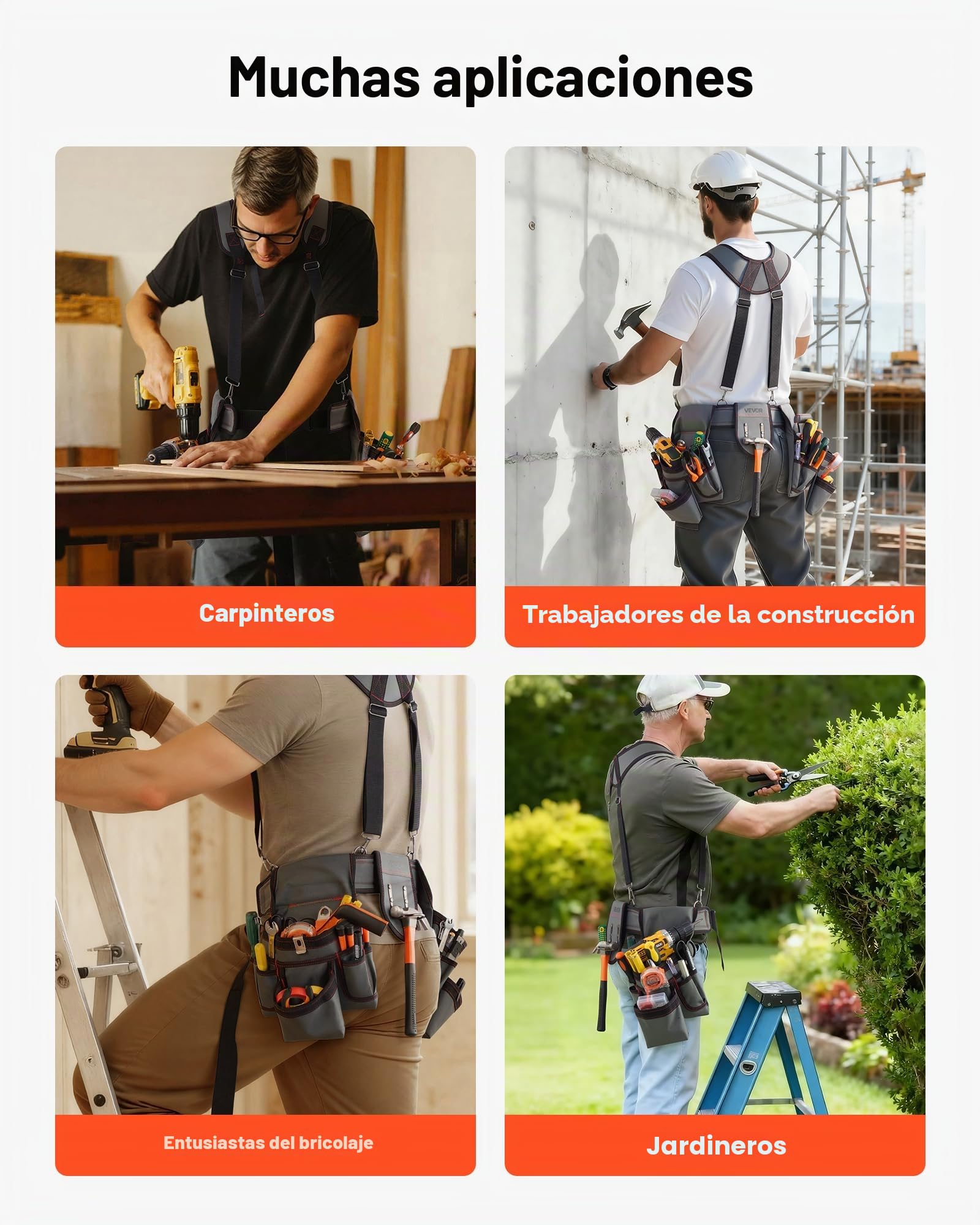 VEVOR Cinturón Portaherramientas para Profesionales, con 22 Bolsillos y Tirantes, Funda para Riñonera para Electricistas, Carpinteros y Obreros de la Construcción, Ajustable de 810 a 1730 mm