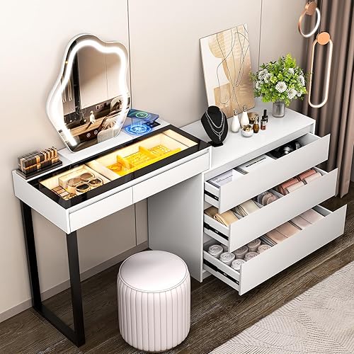 Miniatura 2 de MIIFUNY Escritorio de tocador con espejo y luces, tocador de maquillaje con parte superior de cristal, tocador con 5 cajones y tocador y gabinete de