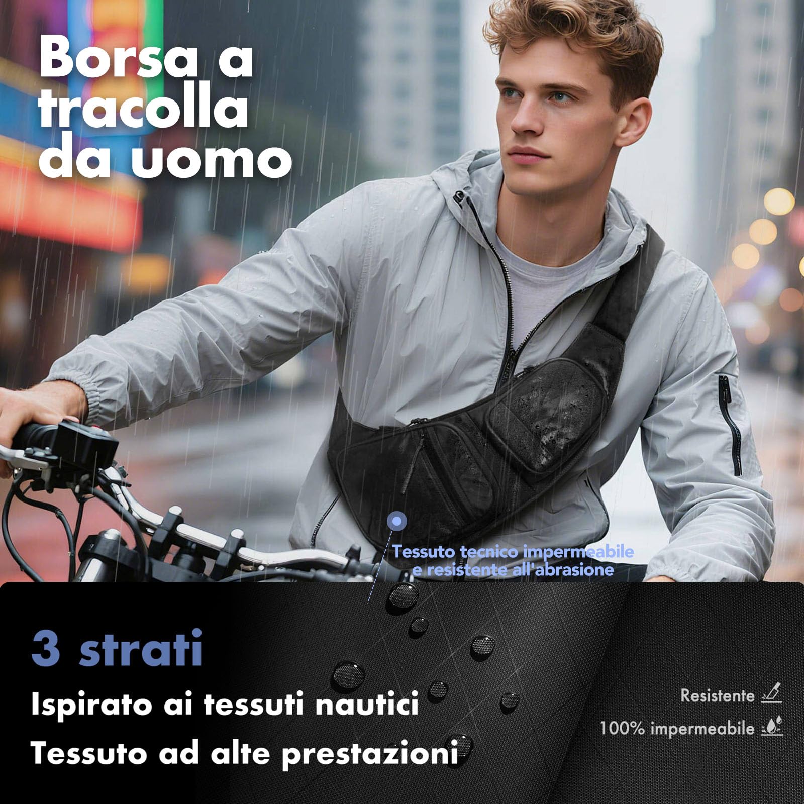 hk Borsa a Tracolla Slim da Uomo, Tessuto Impermeabile a Triplo Strato