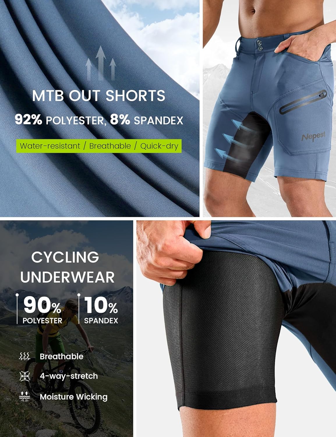 Nepest Mens Mountain Bike Shorts 3D Padded MTB Bicycle Riding Cycling Short Padding Liner Baggy Quick Dry,Zip Pockets - Image 6
